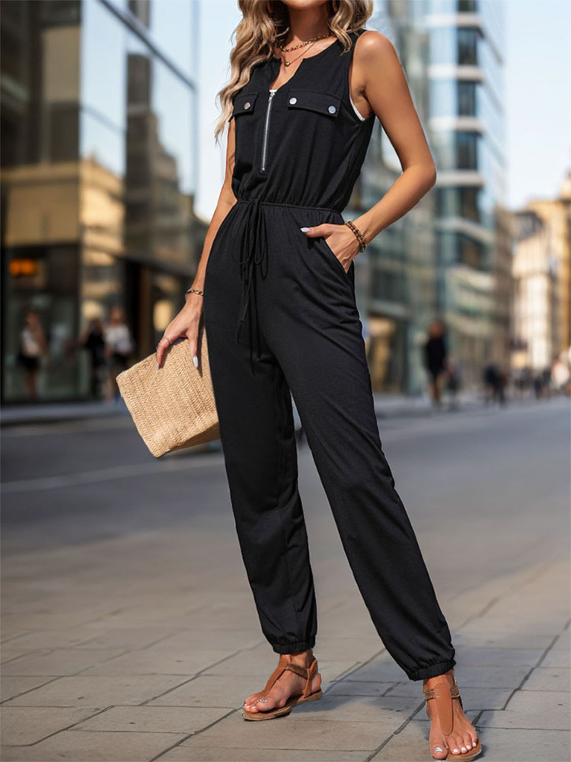 Half Zip Sleeveless Jumpsuit with Pockets - Scarlett's Riverside Boutique 