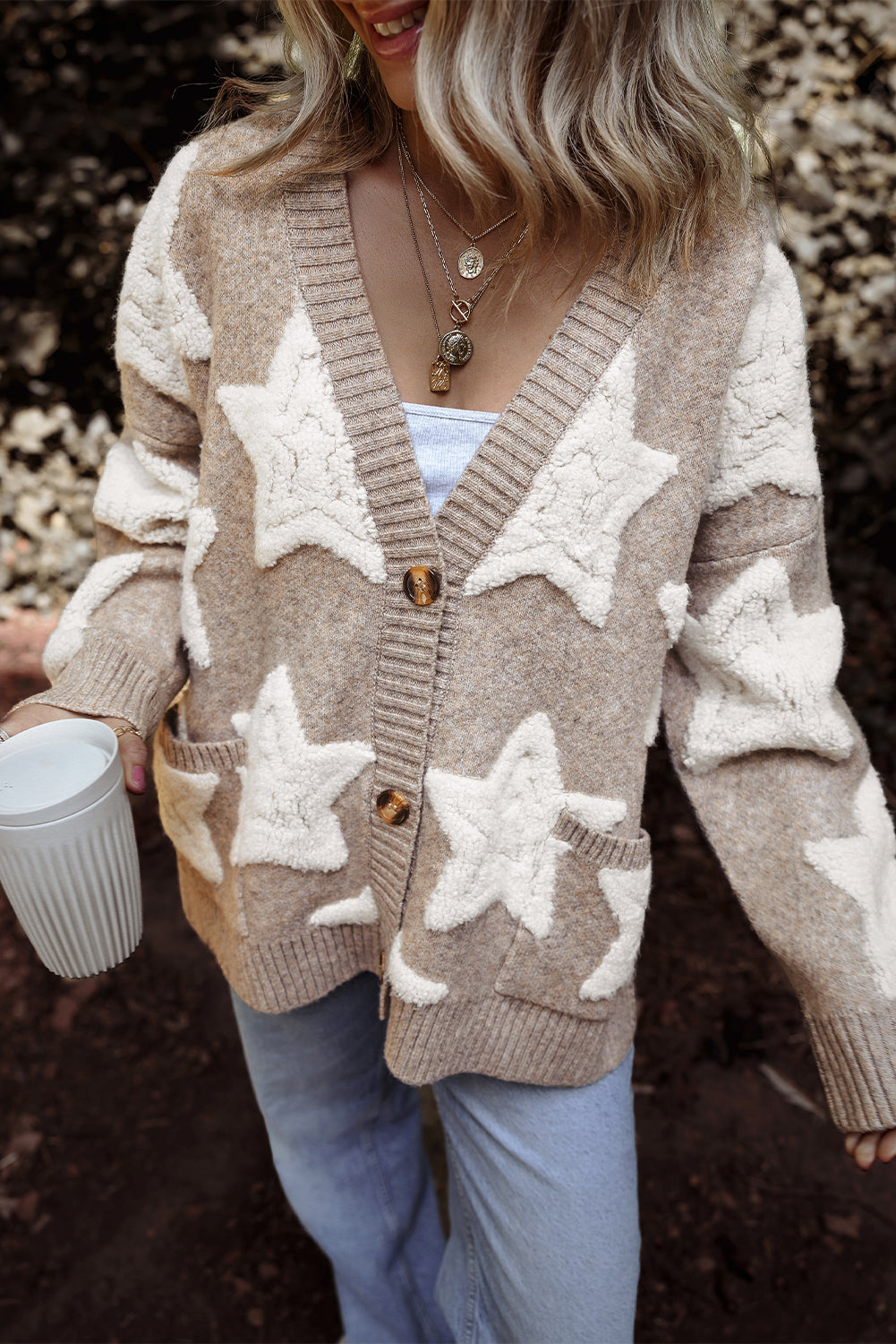 Khaki Sherpa Star Pattern Textured Sweater Cardigan with Pockets - Scarlett's Riverside Boutique 