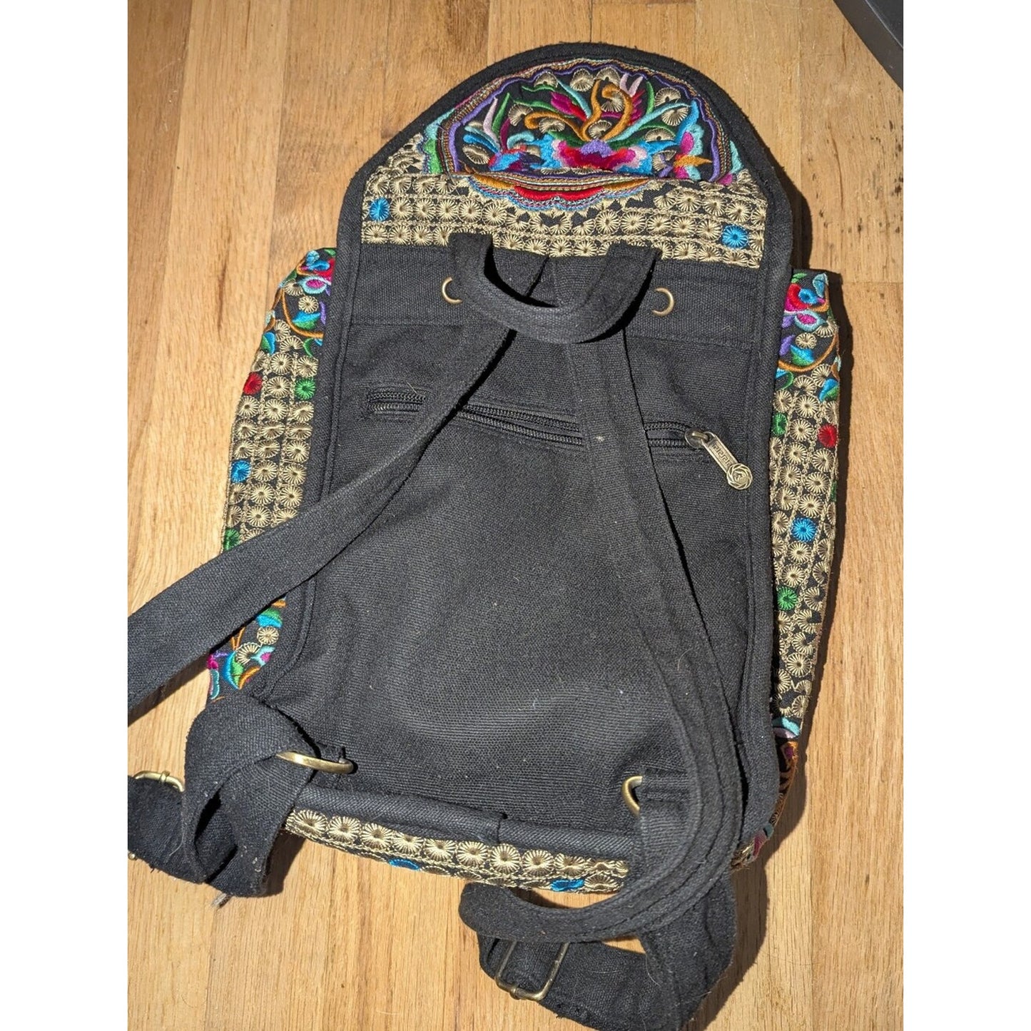 Boho Embroidered Floral Mini Backpack Black Canvas Drawstring Backpack