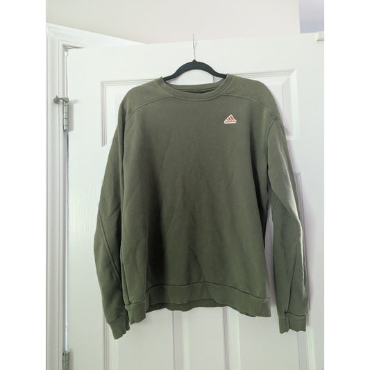Adidas Mens Olive Green Crewneck Sweatshirt Ribbed Shoulder Detail Orange Logo
