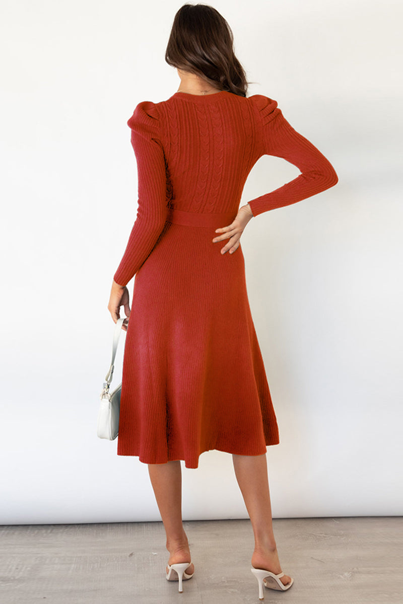 Round Neck Long Sleeve Tie Waist Sweater Dress - Scarlett's Riverside Boutique 