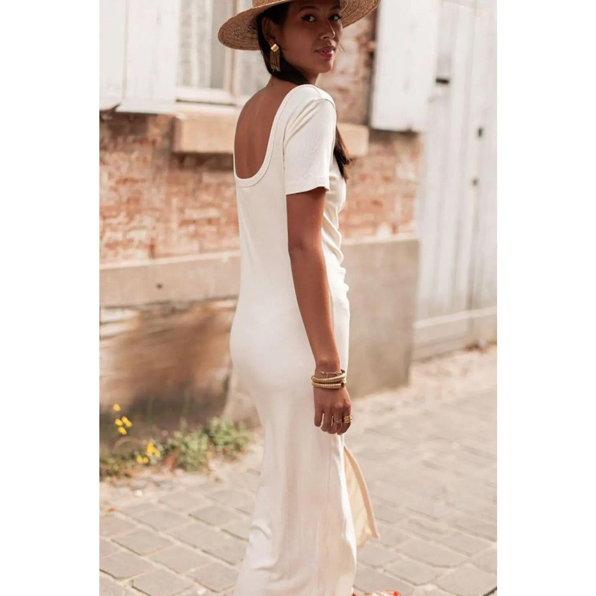 Beige V Neck Ruched Button Front French T-shirt Dress