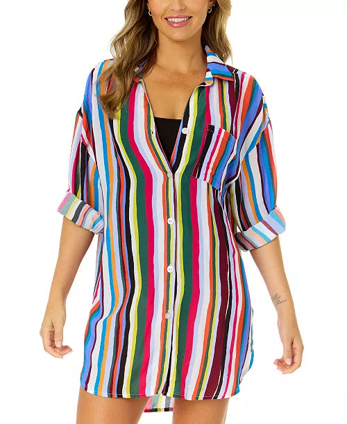 NWTs, Anne ColeWomen's Striped Boyfriend Cover-Up Shirt Sz M #A86