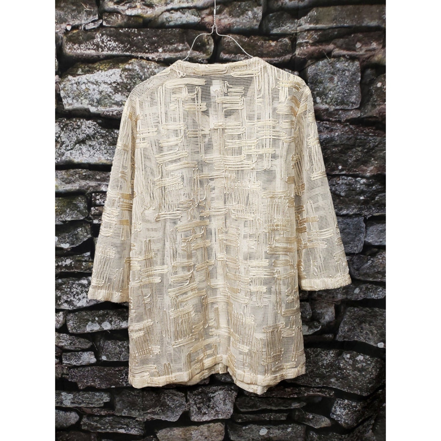 Chico’s Gold Cream Mesh Jacket Size 2 L Sheer Open Front Blazer Lightweight