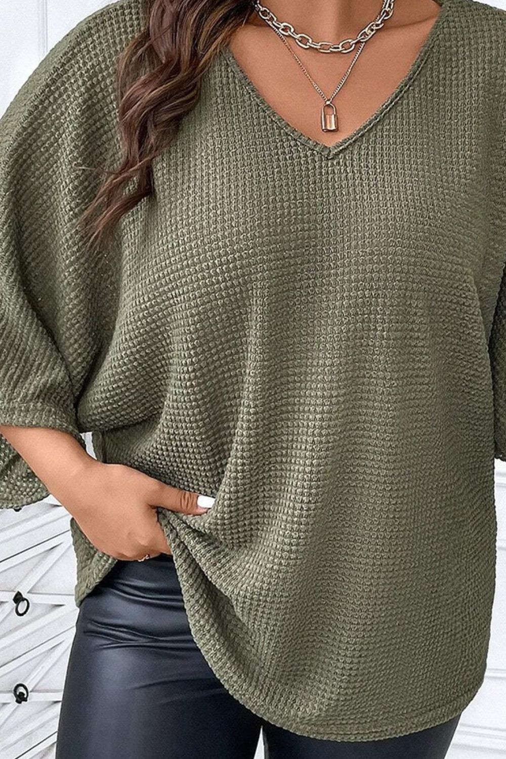 Plus Size Waffle-Knit V-Neck Blouse - Scarlett's Riverside Boutique 