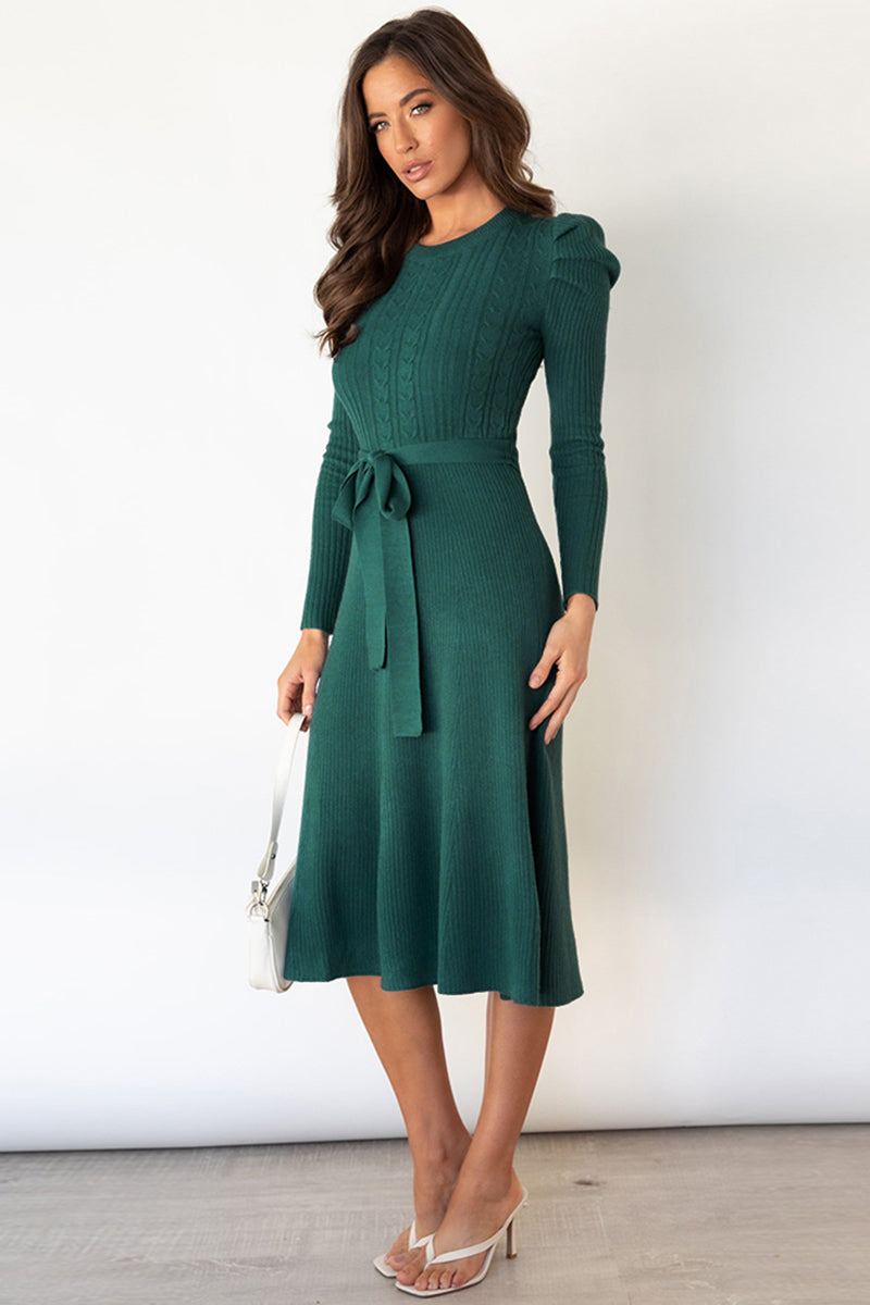 Round Neck Long Sleeve Tie Waist Sweater Dress - Scarlett's Riverside Boutique 