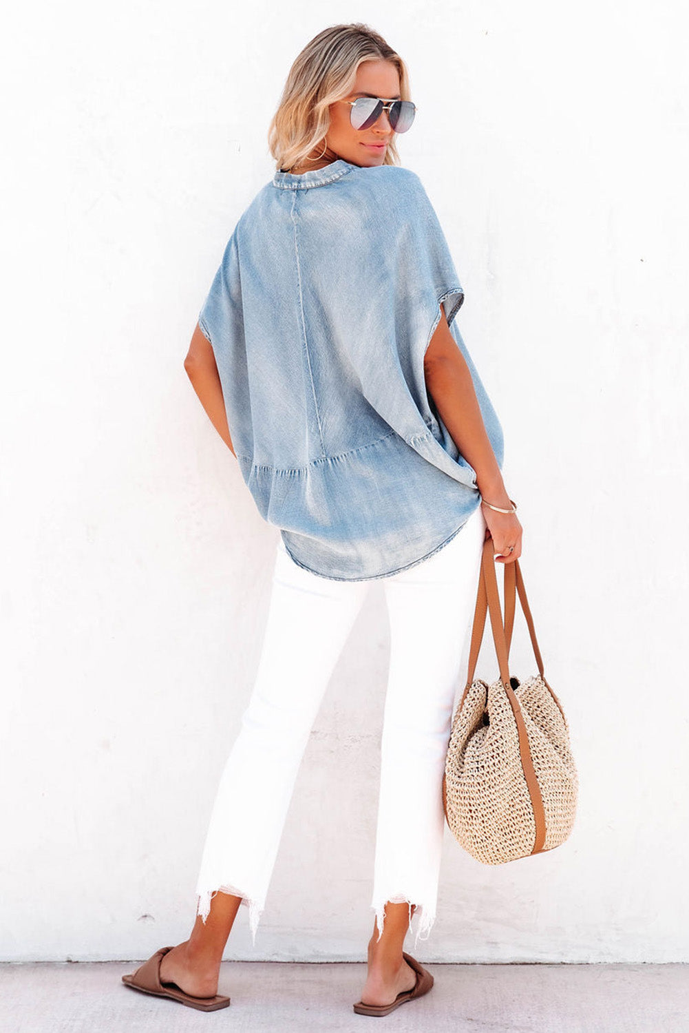 Sky Blue Split V Neck Oversized Denim Blouse - Scarlett's Riverside Boutique 