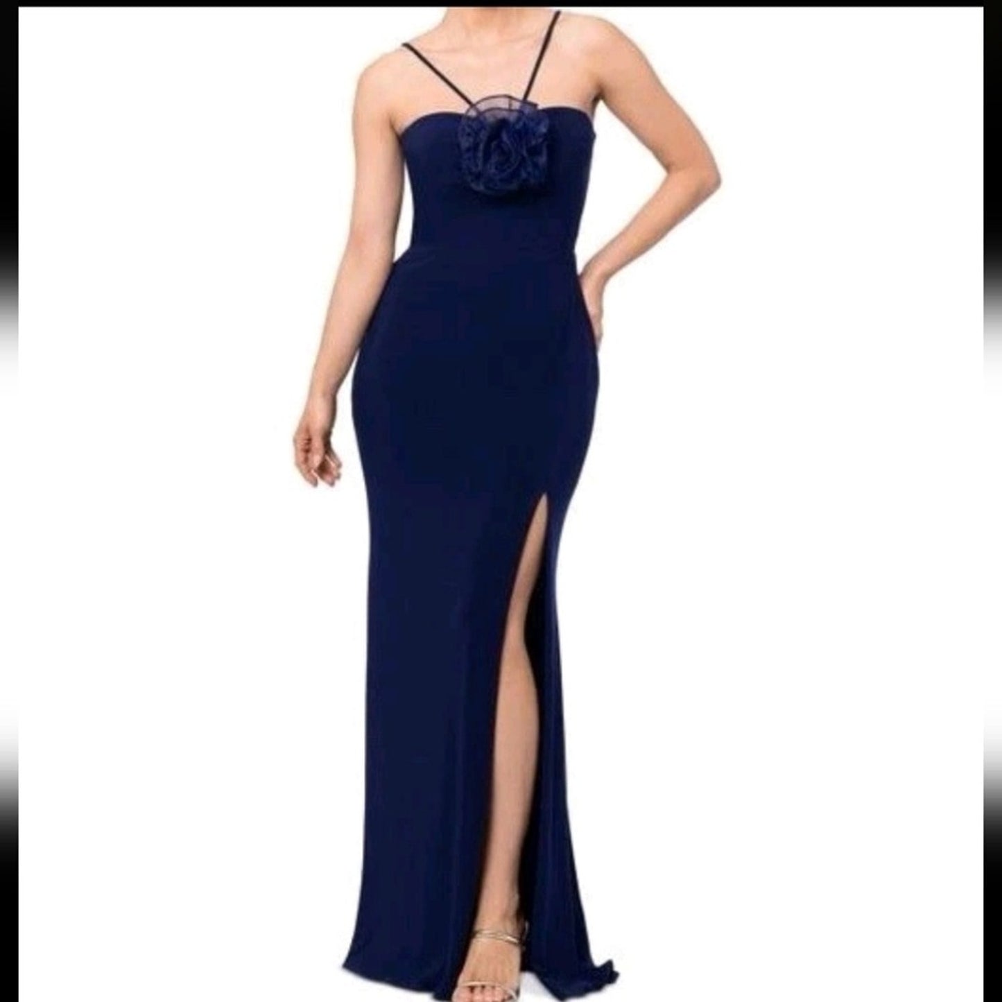 NWT XSCAPE Women’s Size 14 Navy Rosette Halter Gown Formal Evening Dress #G41