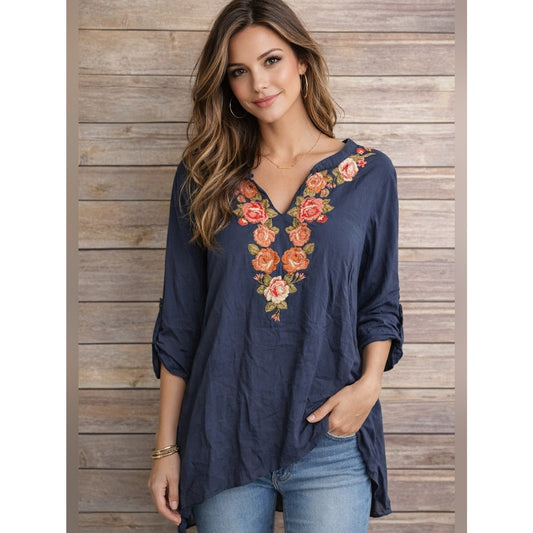 April Sky Medium Navy Blue Embroidered Floral Tunic Top Boho Hi Low 3/4 Sleeve