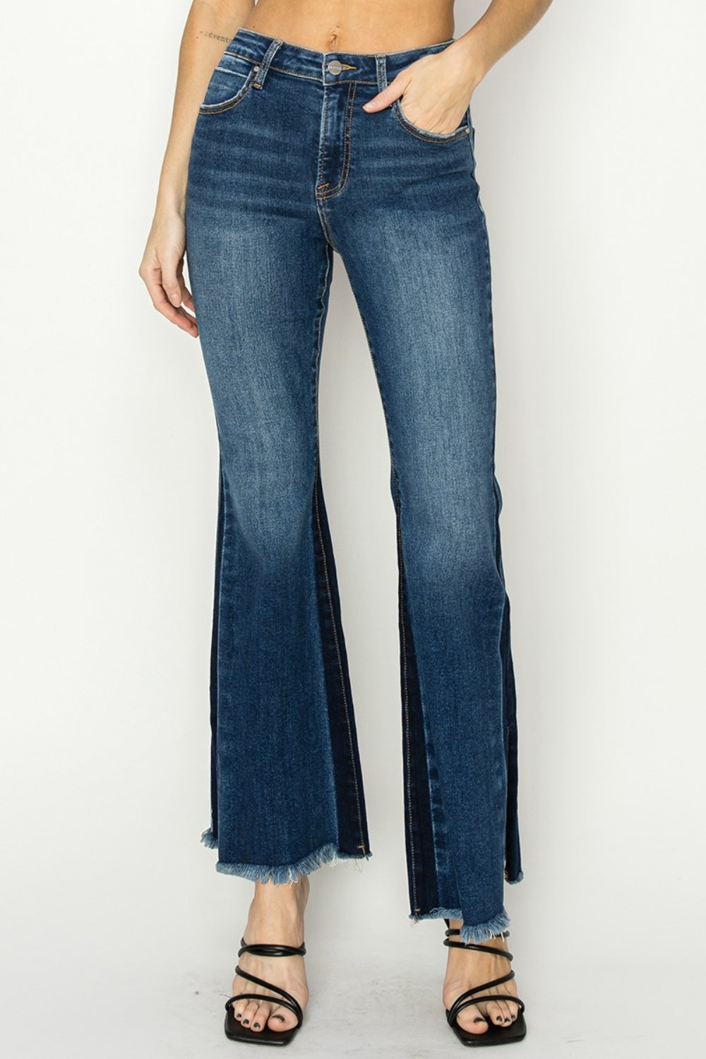 RISEN Full Size High Rise Side Shadow Seam Detail Slit Flare Jeans - Scarlett's Riverside Boutique 