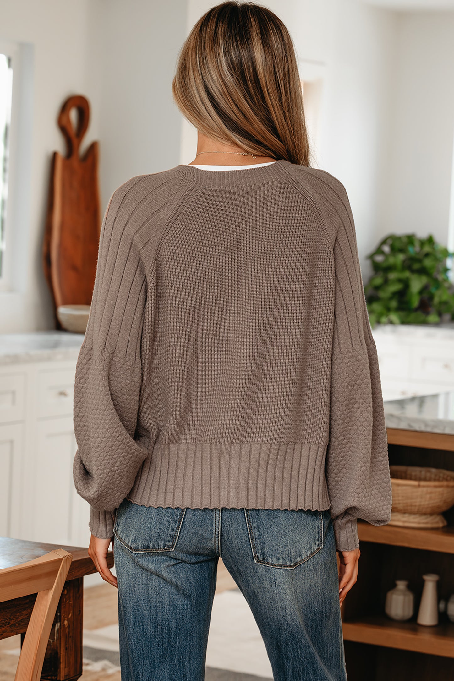 Soft Taupe Balloon-Sleeve Button Cardigan ✨