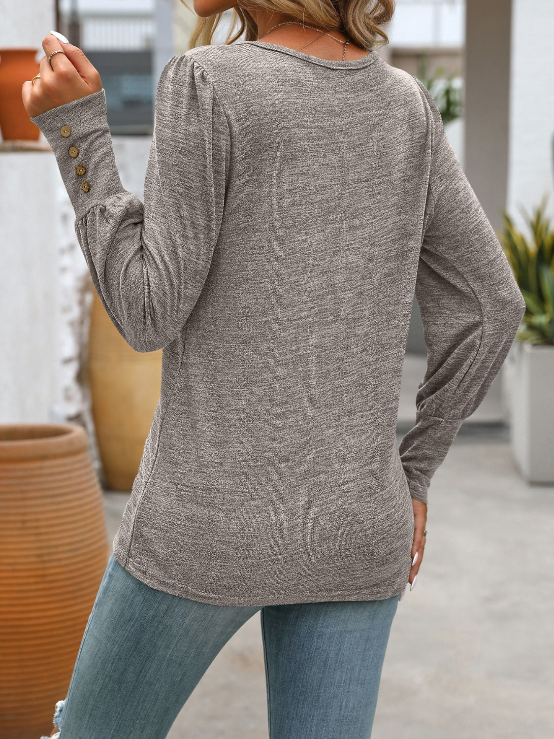 Decorative Button Round Neck Long Sleeve T-Shirt - Scarlett's Riverside Boutique 