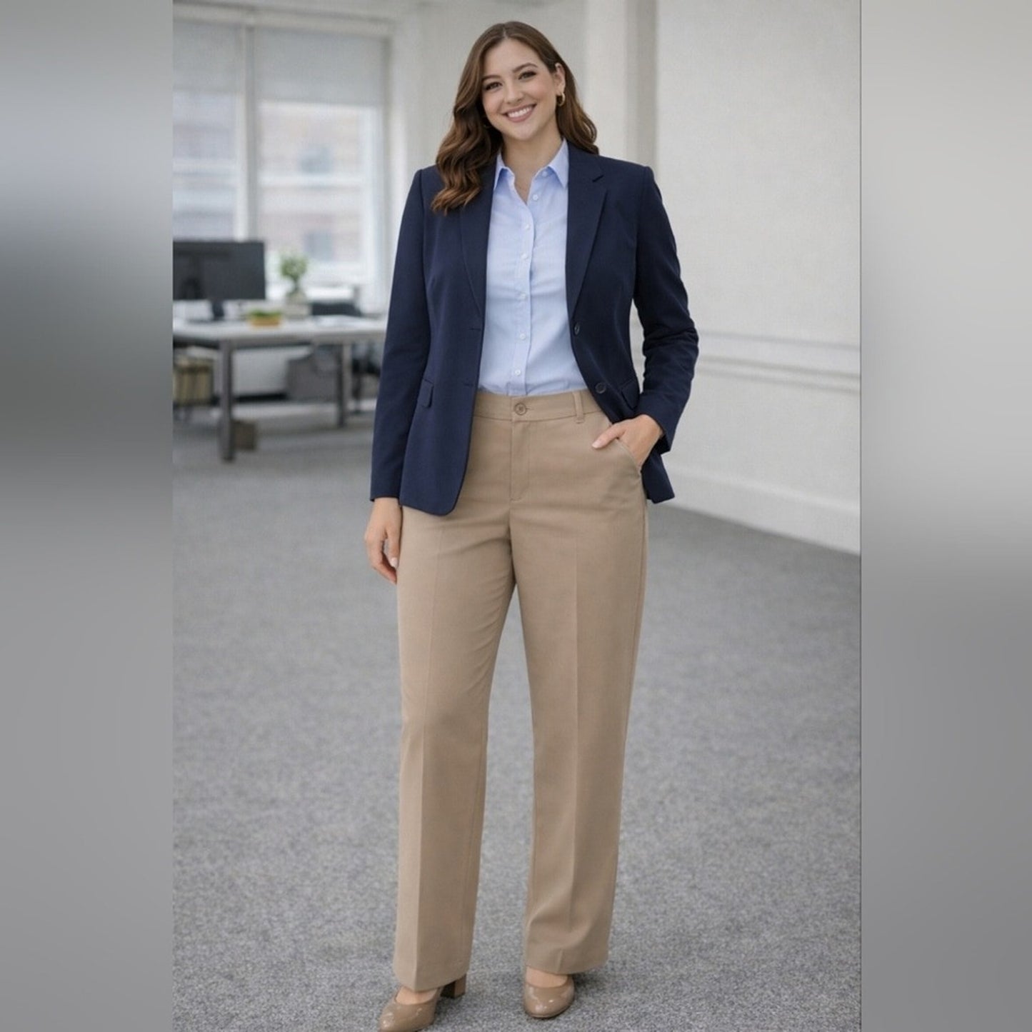 Lee Women's Khaki Dress Pants Size 18M Classuc Straight Leg, Work Slacks #E15