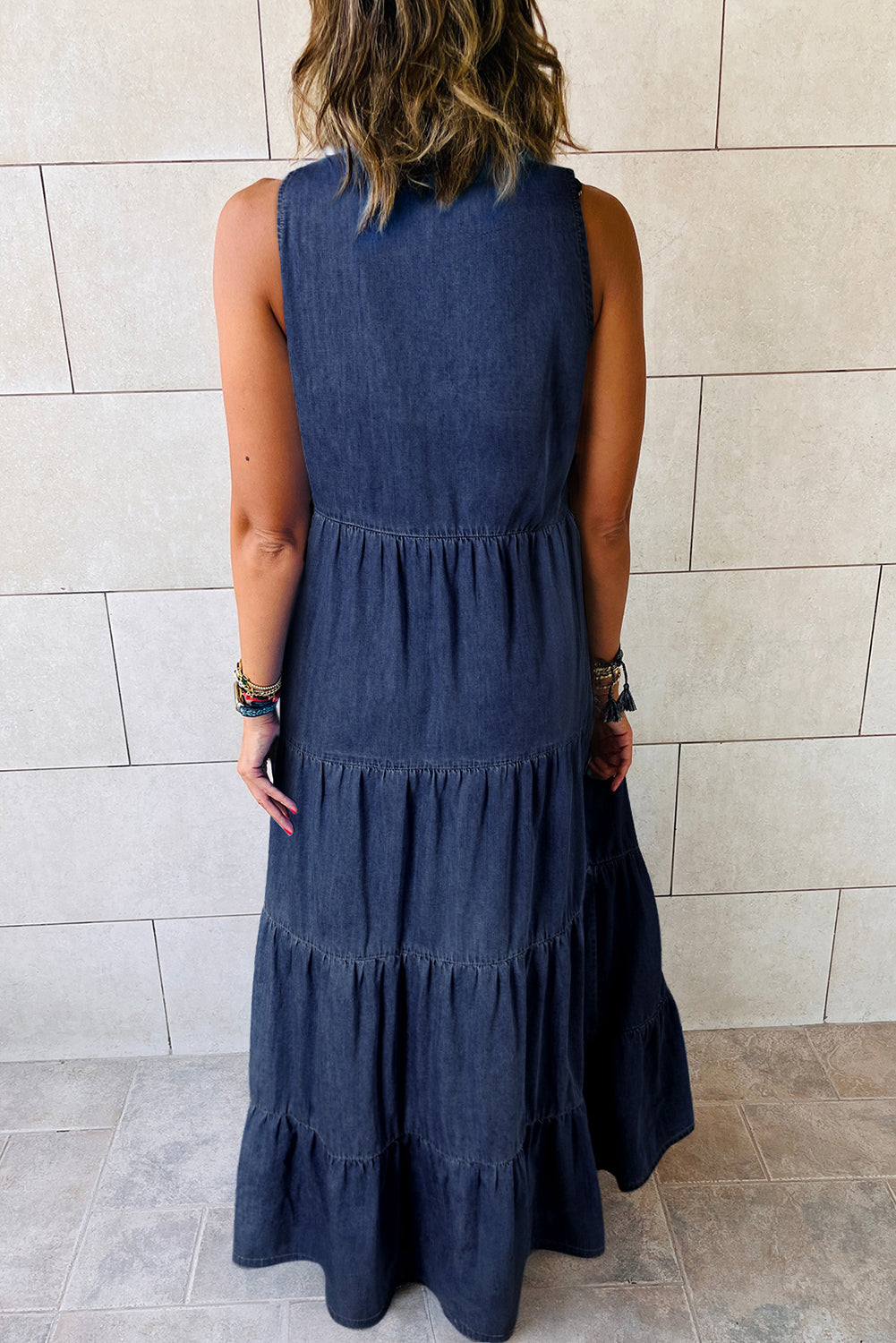 Real Teal Sleeveless Tiered Chambray Maxi Dress - Scarlett's Riverside Boutique 