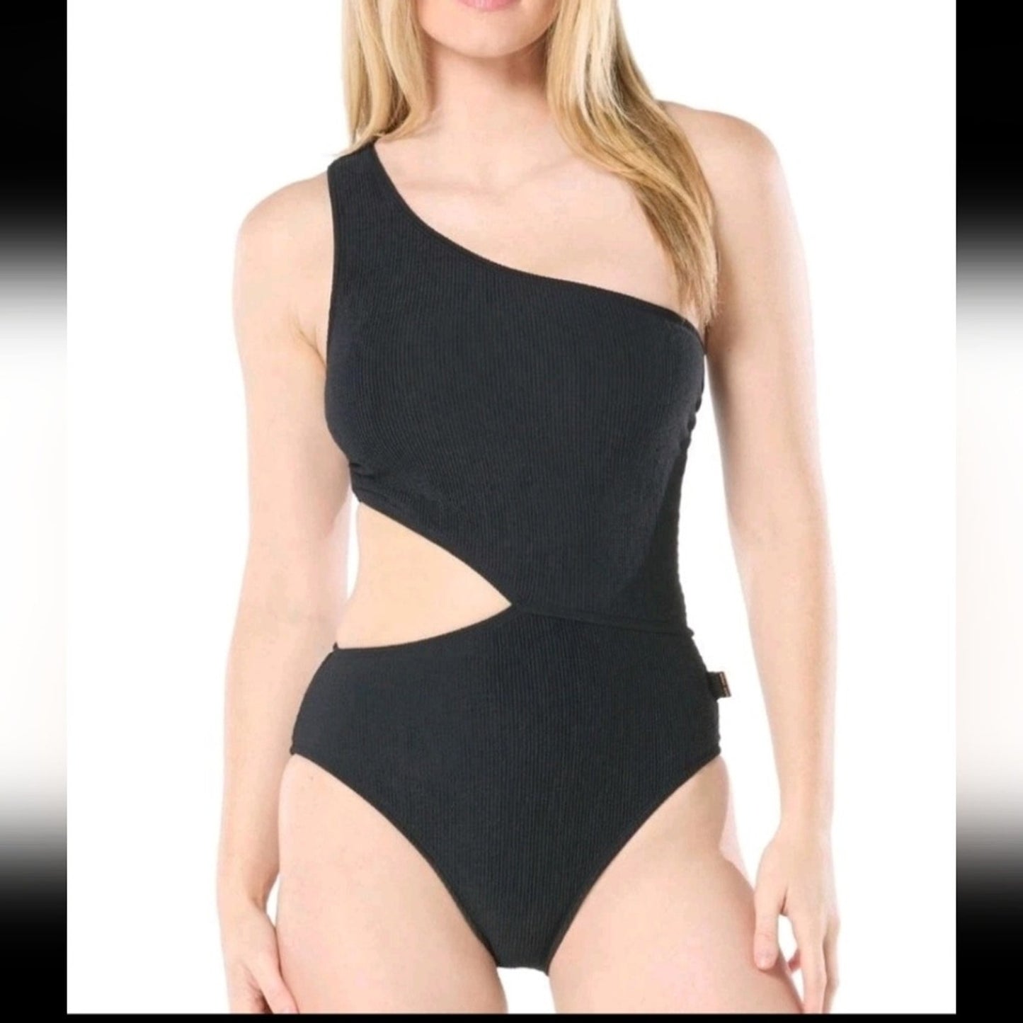 Michael Kors Black One Shoulder Cutout Ribbed One-Piece Swimsuit Sz 12. #A25