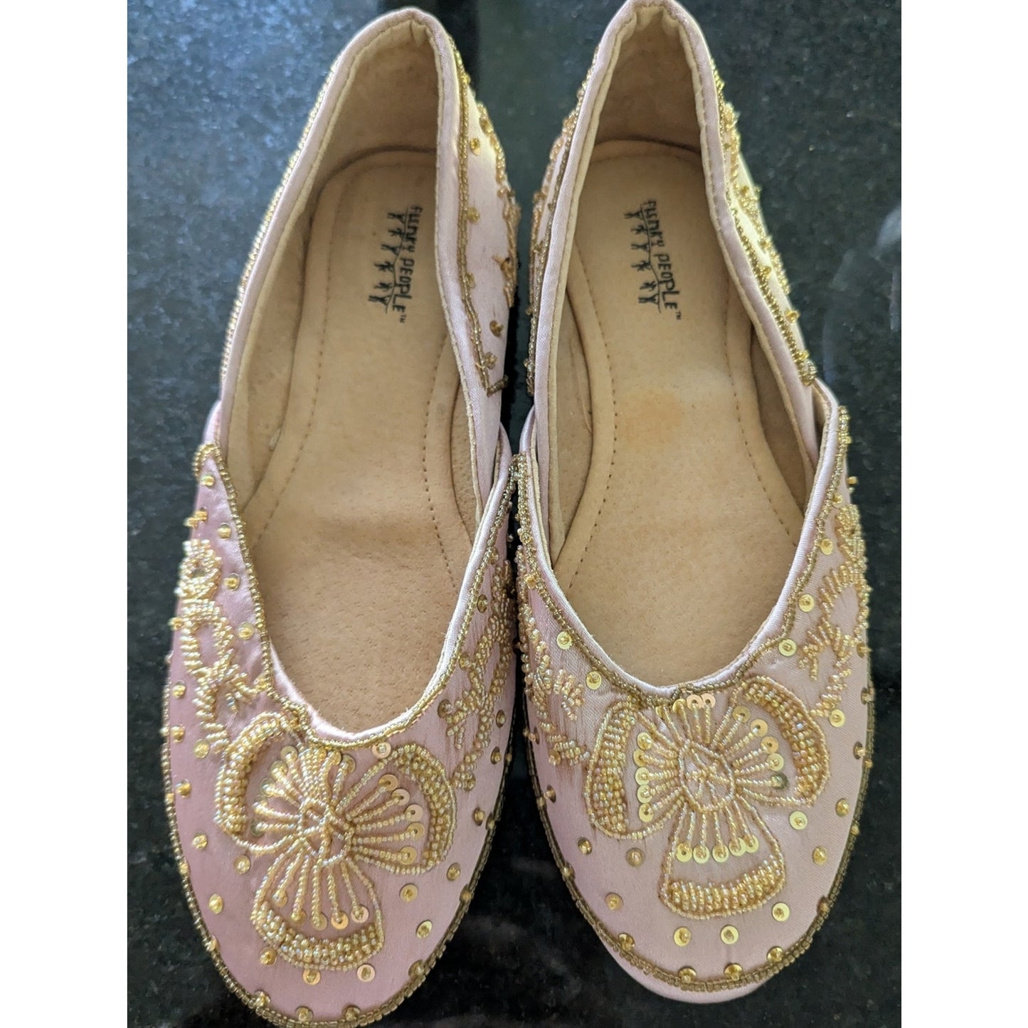 Flirty People Pink Gold Beaded Ballet Flats Women’s Slip On Sequin Embellished
