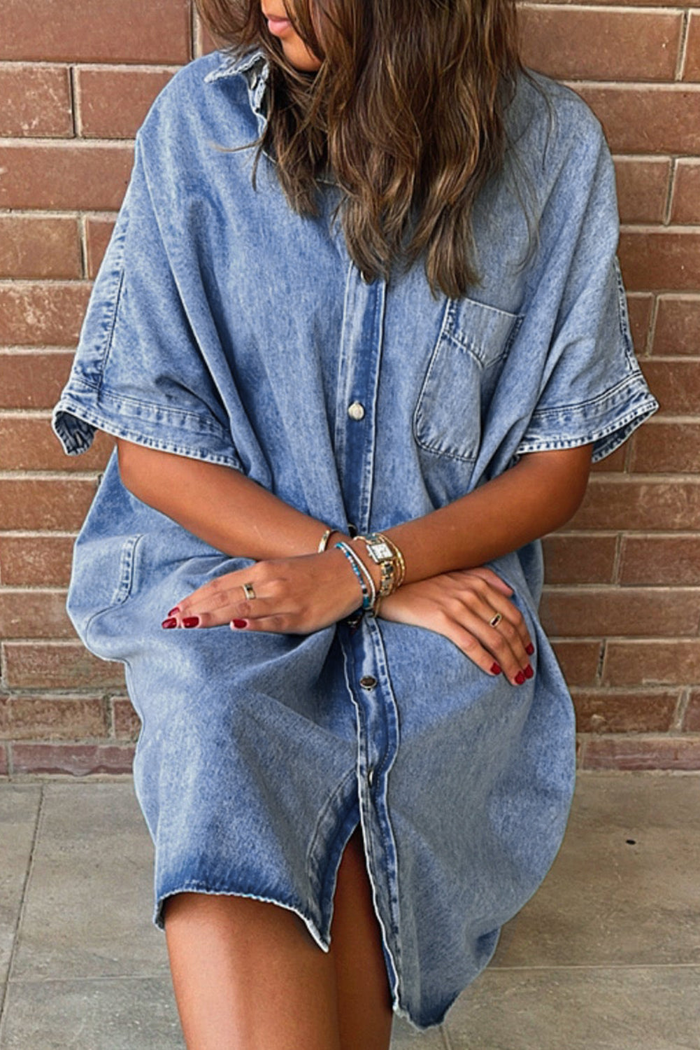 Light Blue Loose Medium Wash Short Sleeve Shirt Chambray Dress - Scarlett's Riverside Boutique 