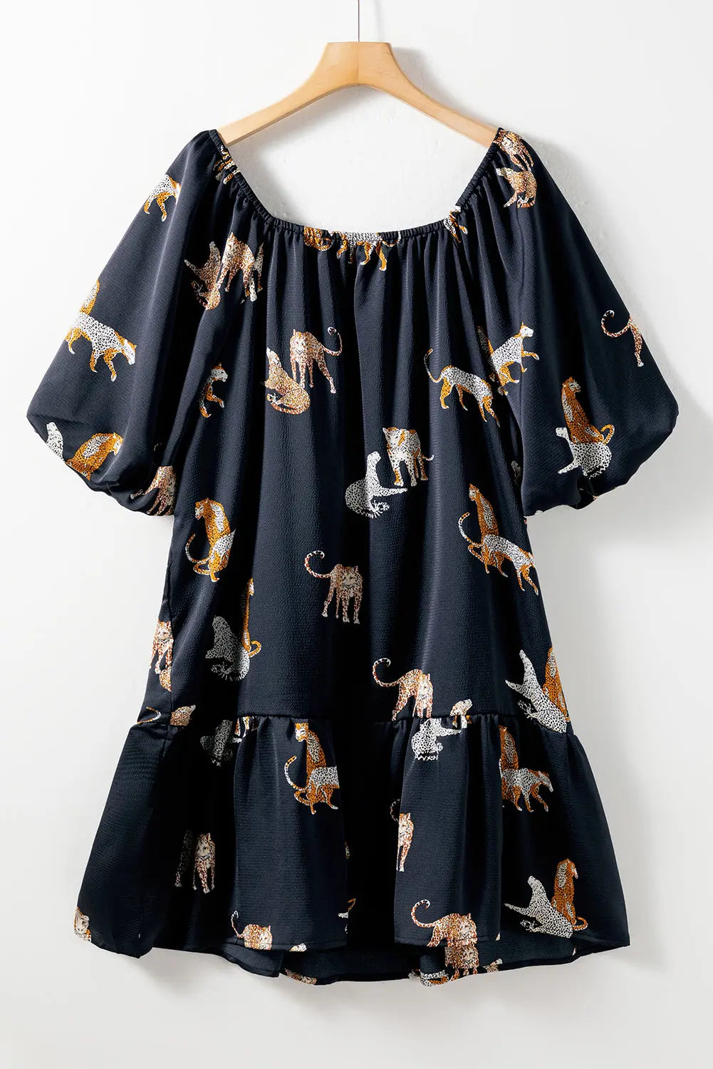 Black Plus Size Cheetah Print Puff Sleeve Ruffle Mini Dress - Scarlett's Riverside Boutique