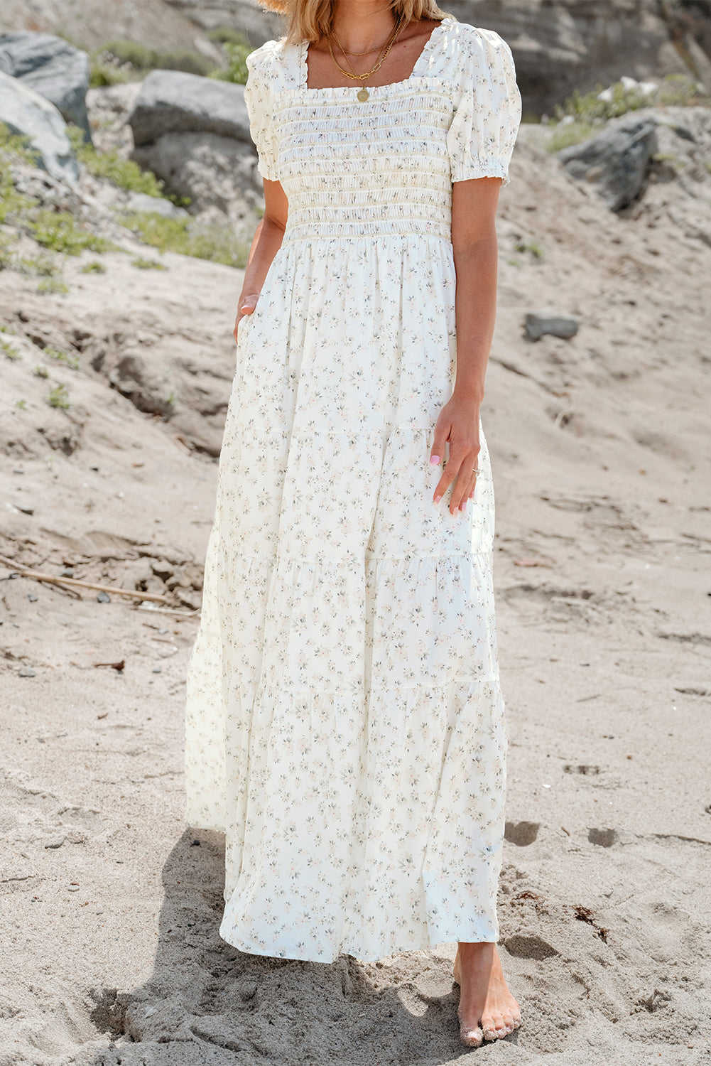 White Frilly Shirred Bodice Tiered Floral Maxi Dress - Scarlett's Riverside Boutique 