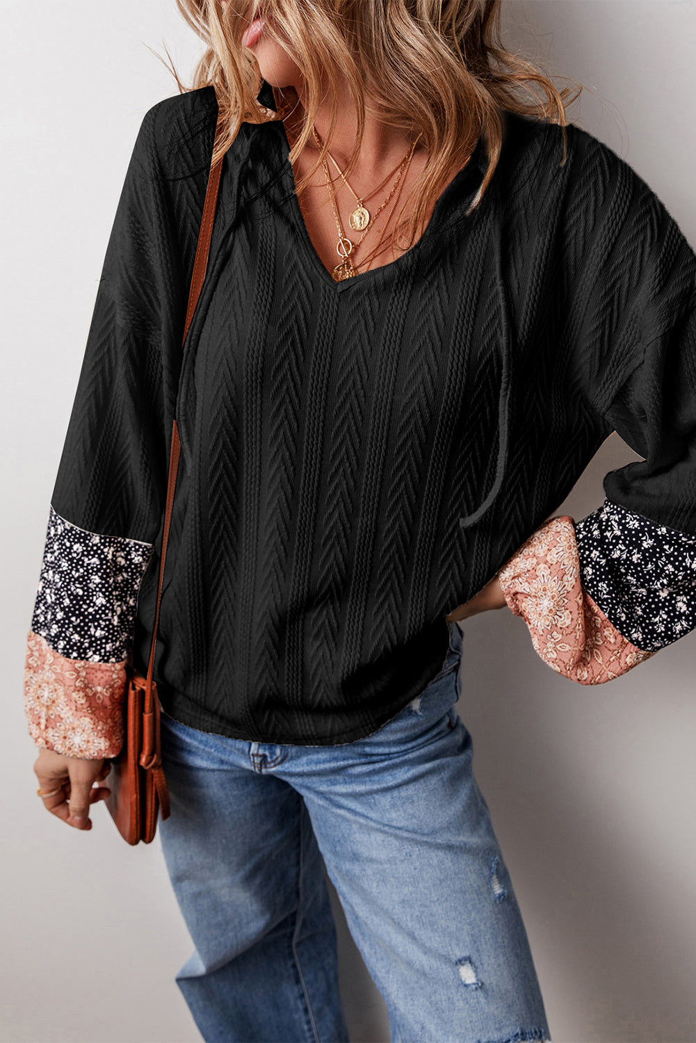 Black Floral Patchwork Textured Knit Drawstring V Neck Blouse - Scarlett's Riverside Boutique 