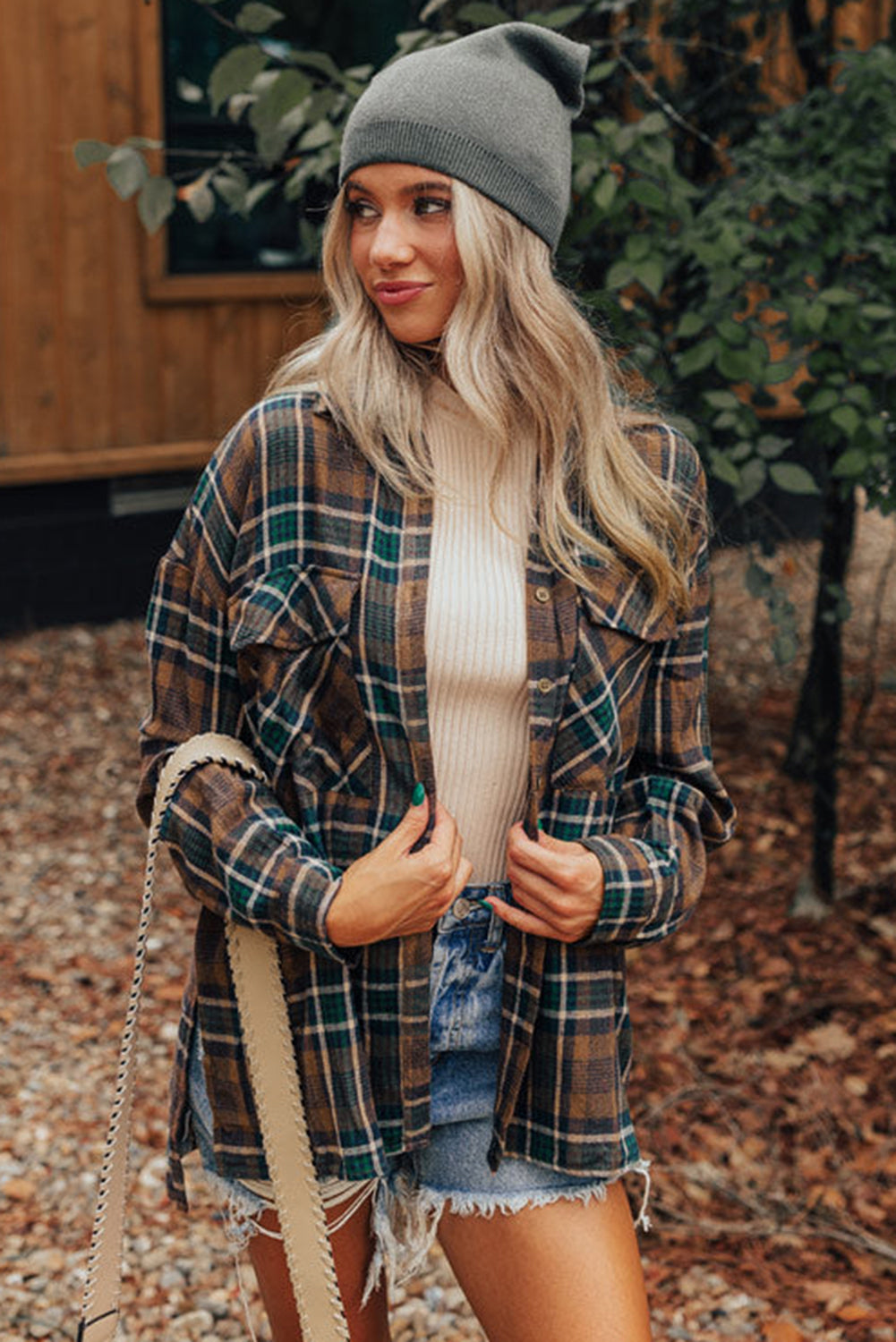 Brown Plaid Print Chest Pockets Buttoned Shirt Jacket - Scarlett's Riverside Boutique 