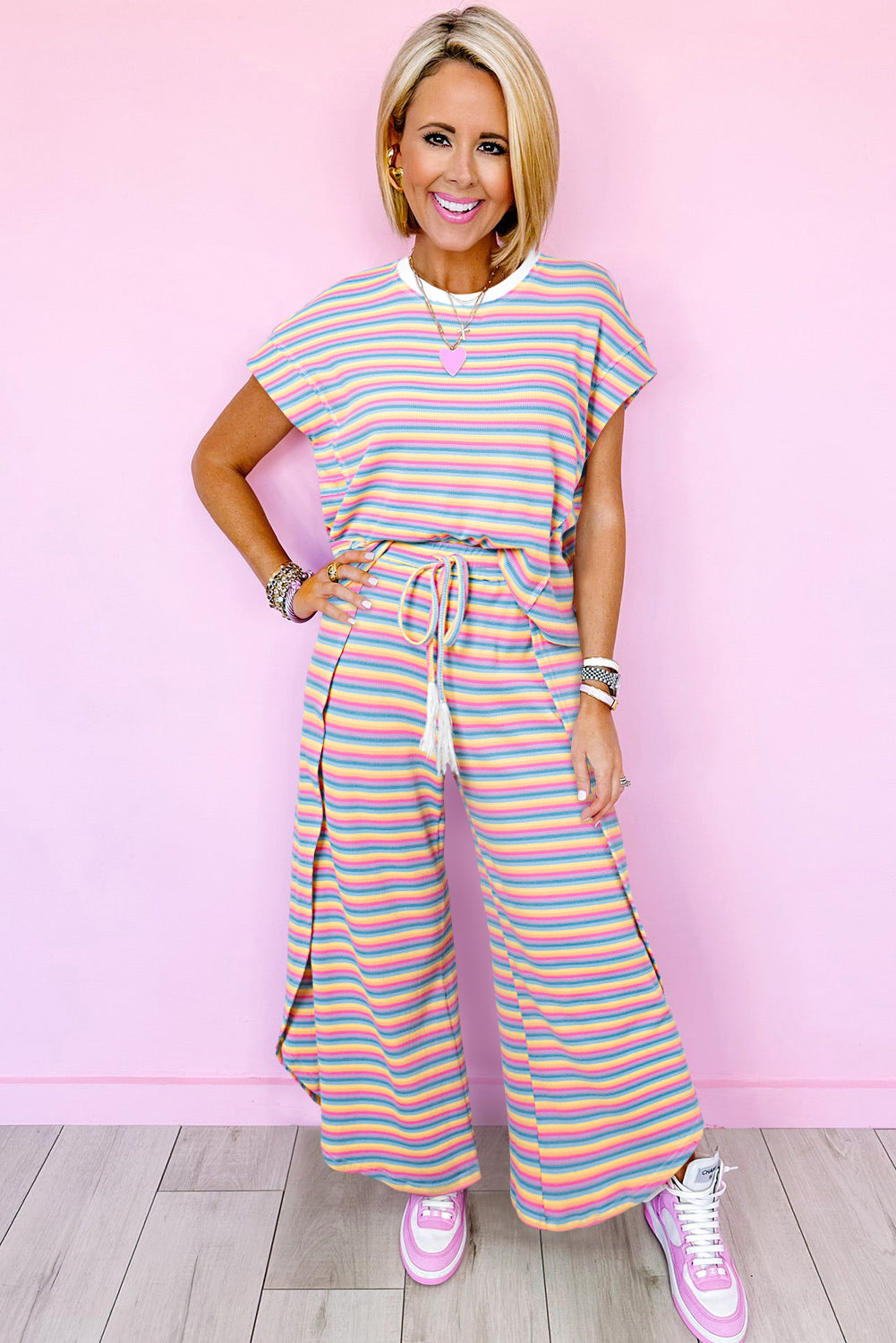 Pink Stripe Rainbow Tee Tasseled String Wide Leg Pants Set - Scarlett's Riverside Boutique 