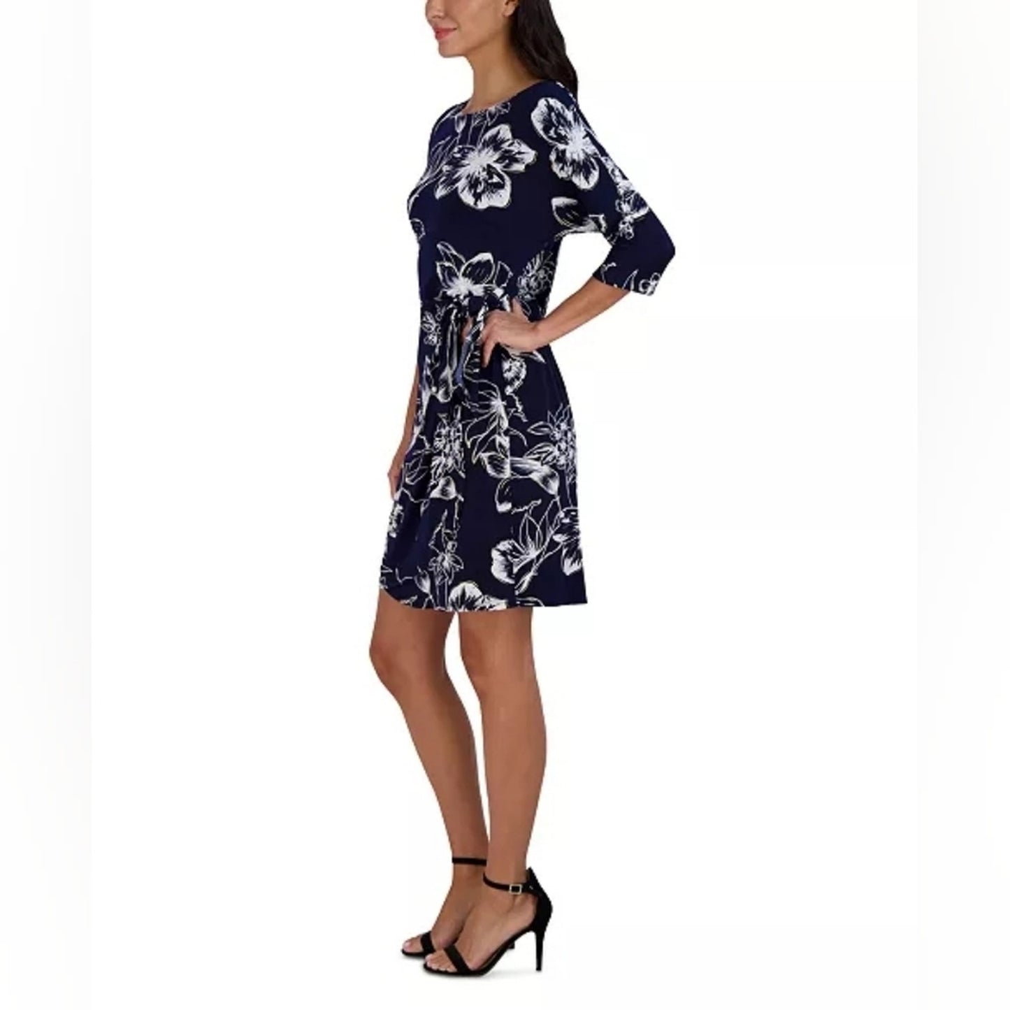Signature by Robbie Bee Navy and White Floral Tie-Accent Shift Dress Sz PS. #G13