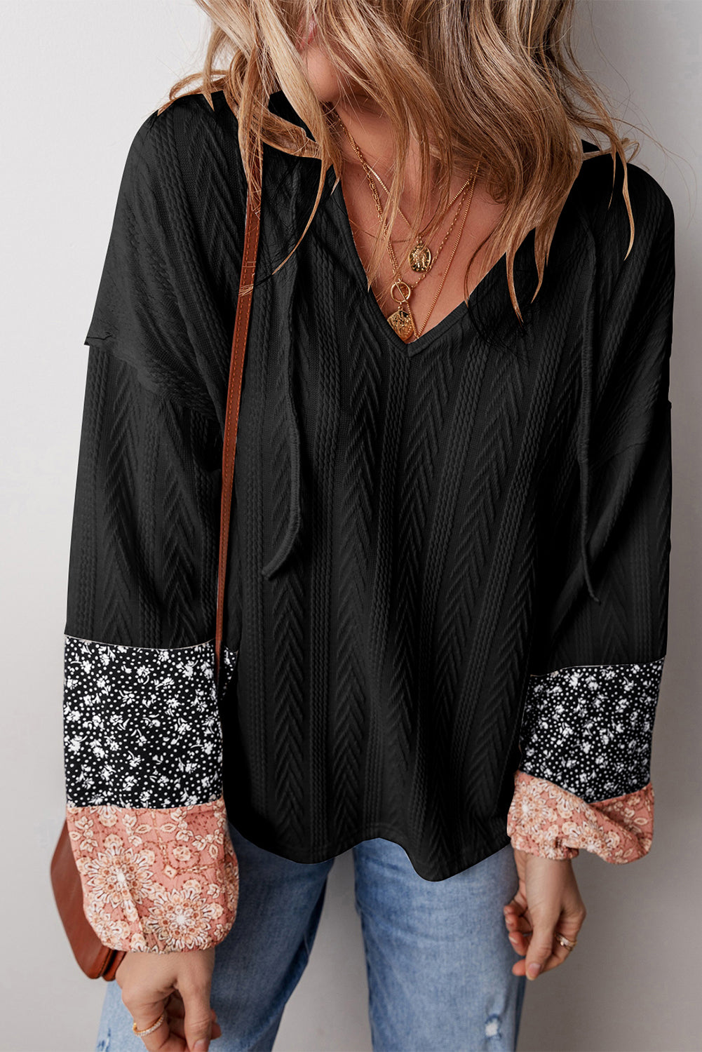 Black Floral Patchwork Textured Knit Drawstring V Neck Blouse - Scarlett's Riverside Boutique 