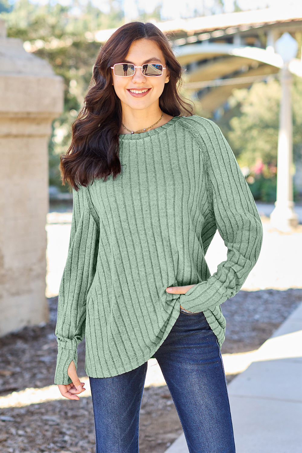 Basic Bae Full Size Ribbed Round Neck Long Sleeve Knit Top - Scarlett's Riverside Boutique 