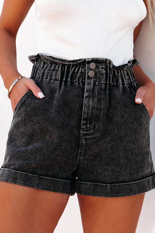 Black Vintage Washed Frilled High Waist Denim Shorts - Scarlett's Riverside Boutique 