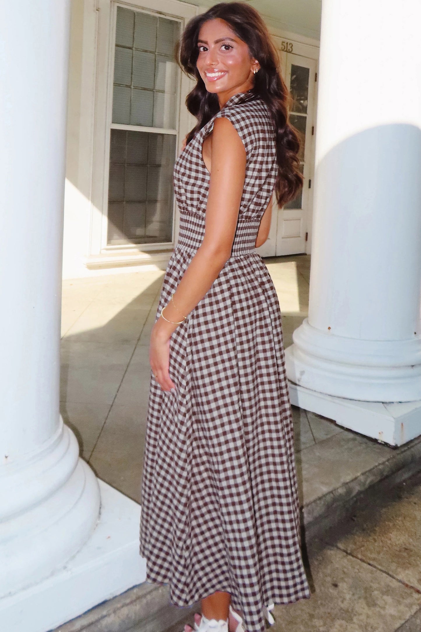 Brown Gingham Zip Front Midi Dress – Smocked Waist Sleeveless Plaid Summer Dress with Pockets