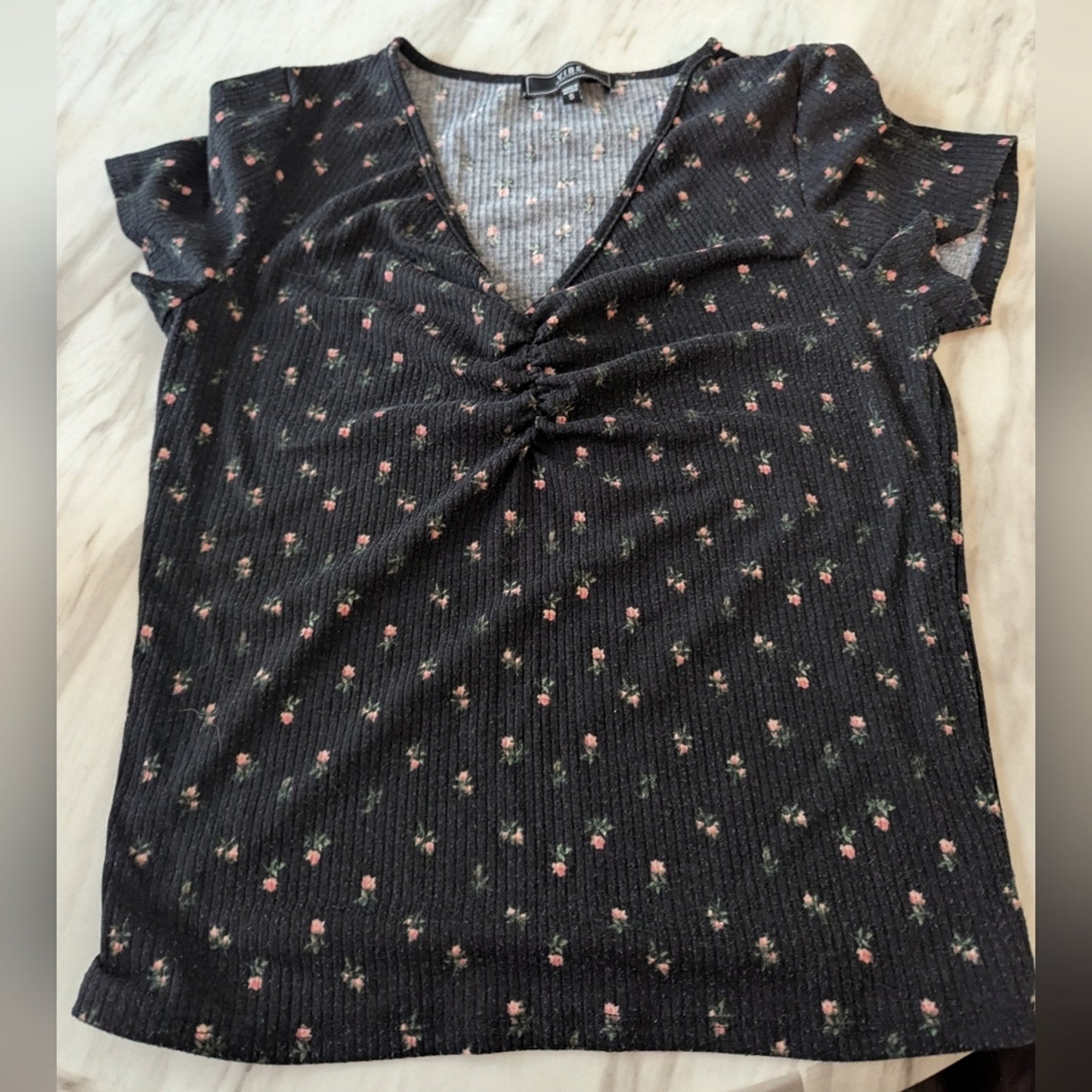 Black Floral Ruched V-Neck Top Size Small | Ribbed Knit Flutter Sleeve Top #B14