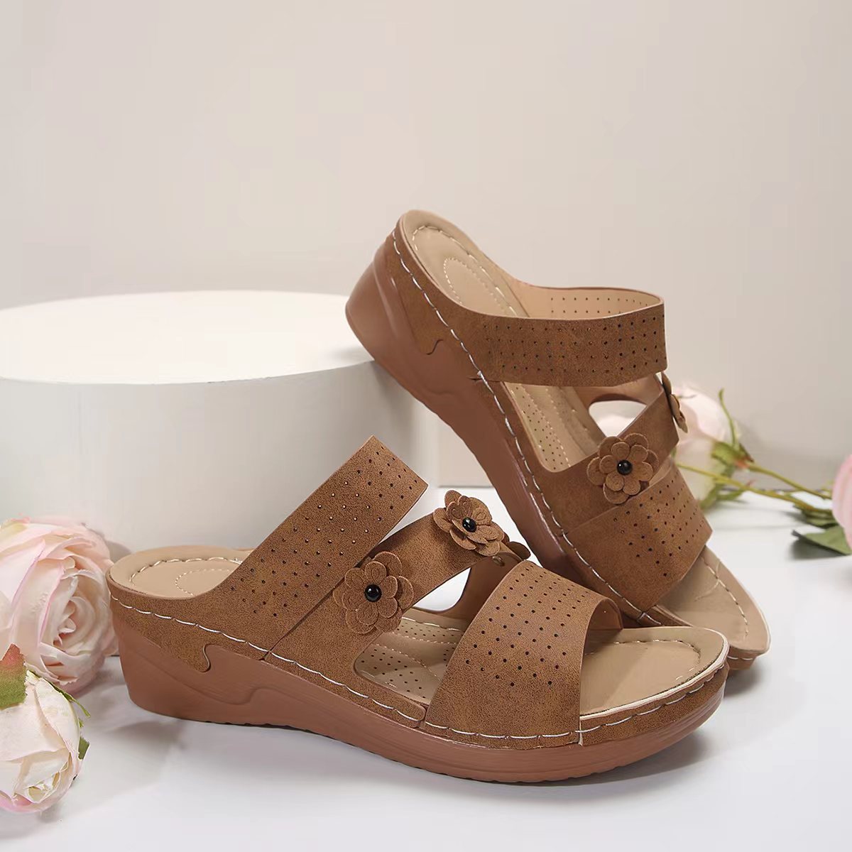 Flower PU Leather Wedge Sandals - Scarlett's Riverside Boutique 