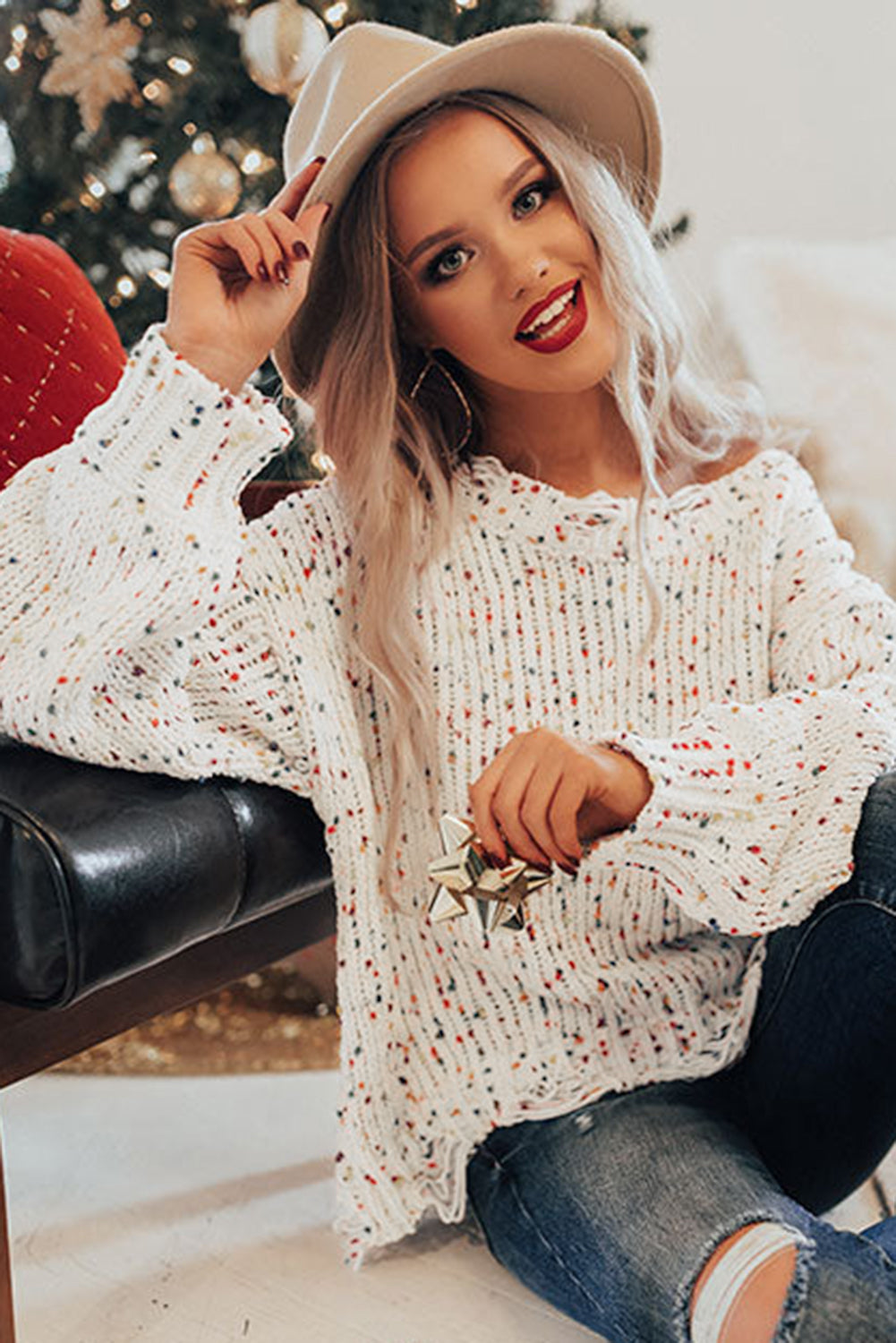 White Colorful Confetti Distressed Knit Sweater - Scarlett's Riverside Boutique 