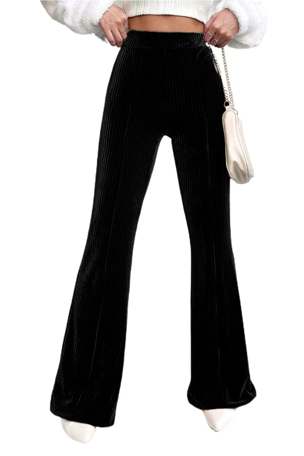 Black Solid Color High Waist Flare Corduroy Pants - Scarlett's Riverside Boutique 