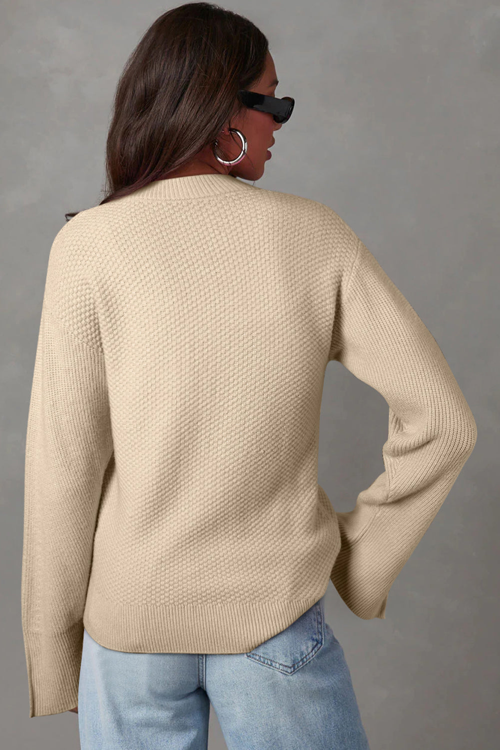Parchment Solid Textured Knit Split Cuff Drop Shoulder Loose Sweater black or cream available!