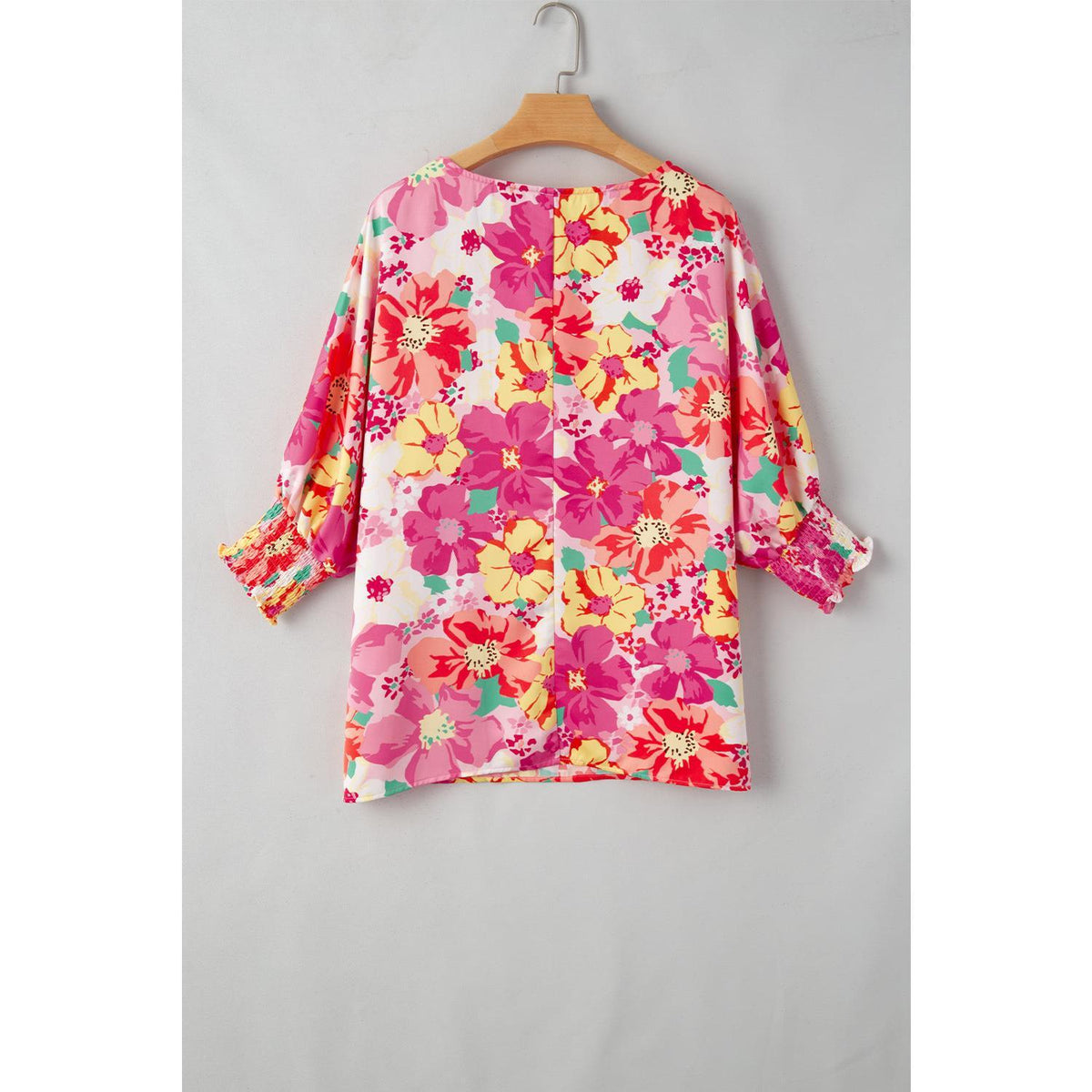 Pink Shirred Cuffs 3/4 Sleeve Floral Blouse Shirts Top Womenswear Print