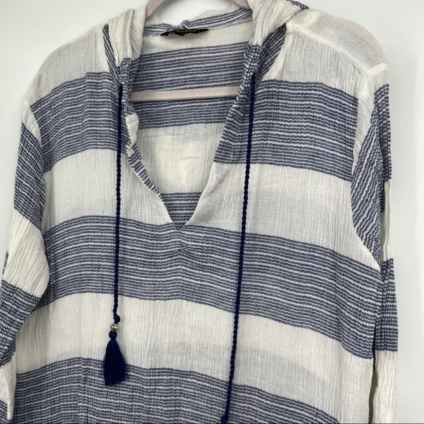 Spiaggia Dolce Striped Cotton Tassel Drawstring Hooded Swim Coverup Top