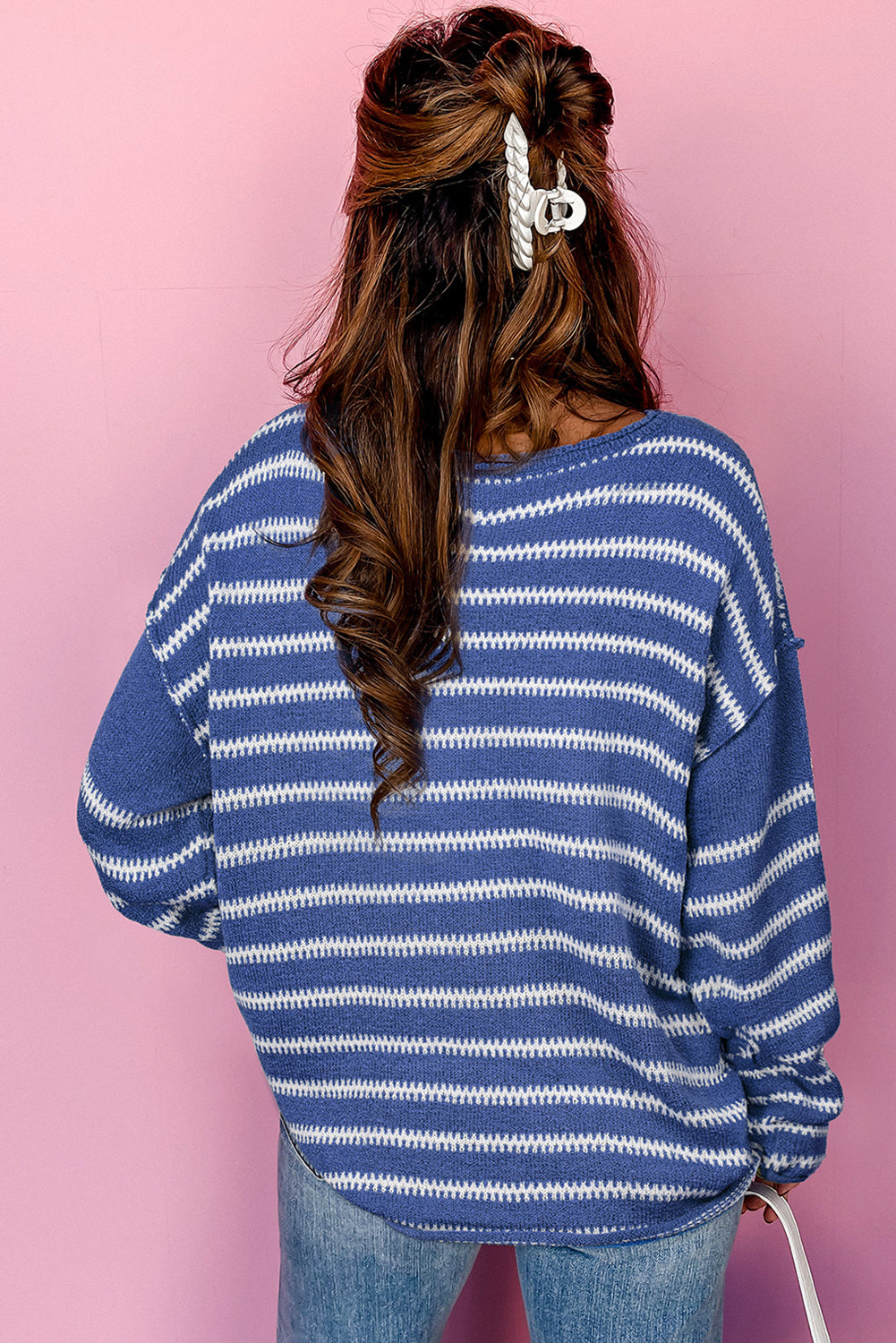 Sky Blue Stripe Drop Shoulder Casual Sweater - Scarlett's Riverside Boutique 