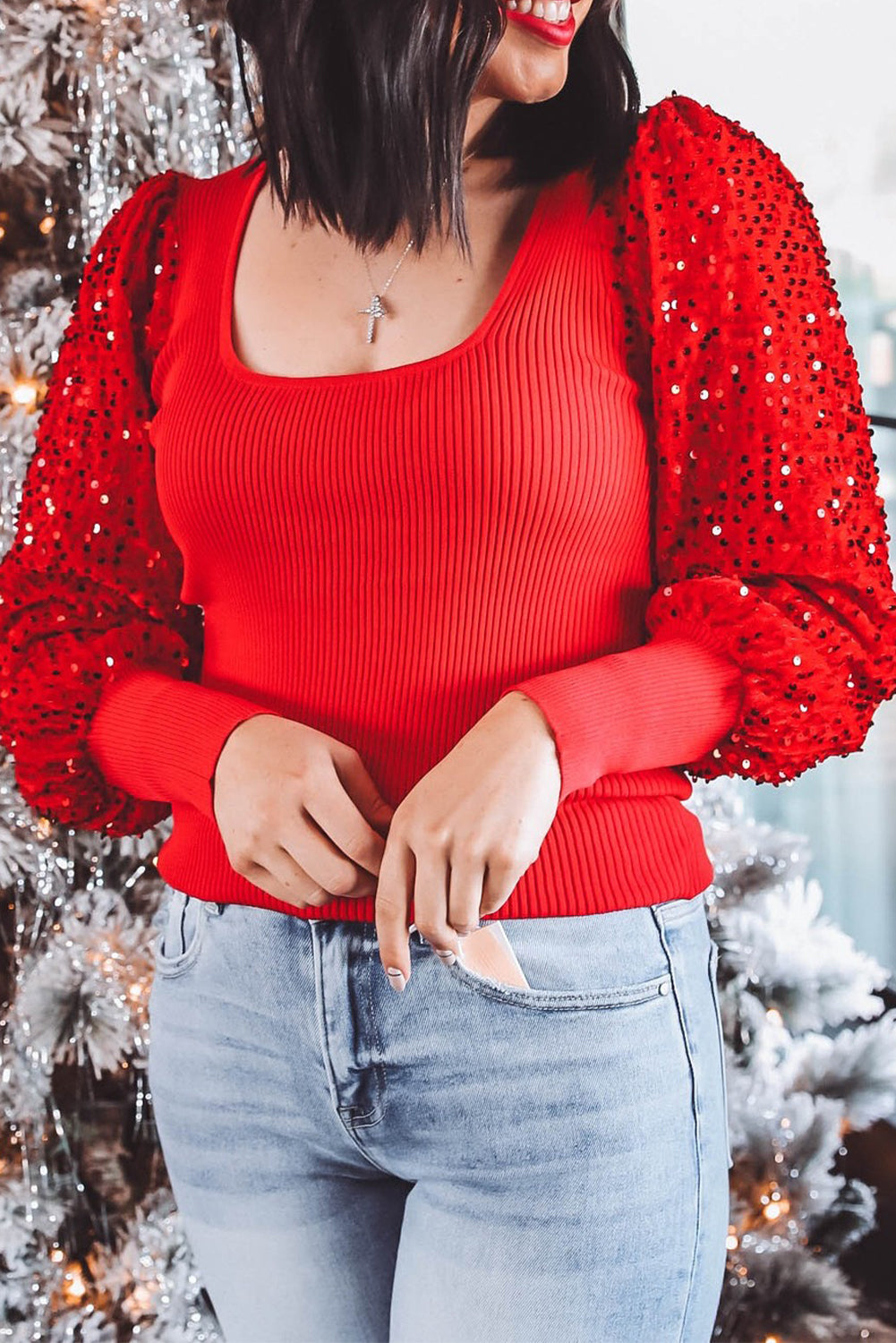 Fiery Red Sequin Sleeve Patchwork Ribbing Knit Square Neck Sweater