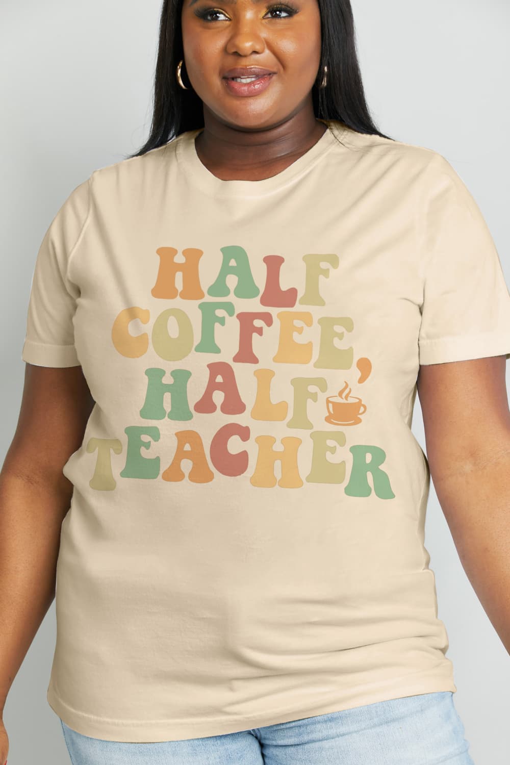 Simply Love Full Size HALF COFFEE HALF TEACHER Graphic Cotton Tee - Scarlett's Riverside Boutique 