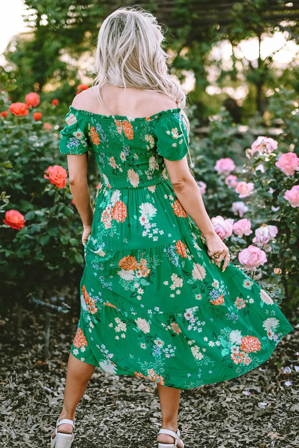 Green Floral Print Bubble Sleeve Smocked Tiered Midi Dress - Scarlett's Riverside Boutique 