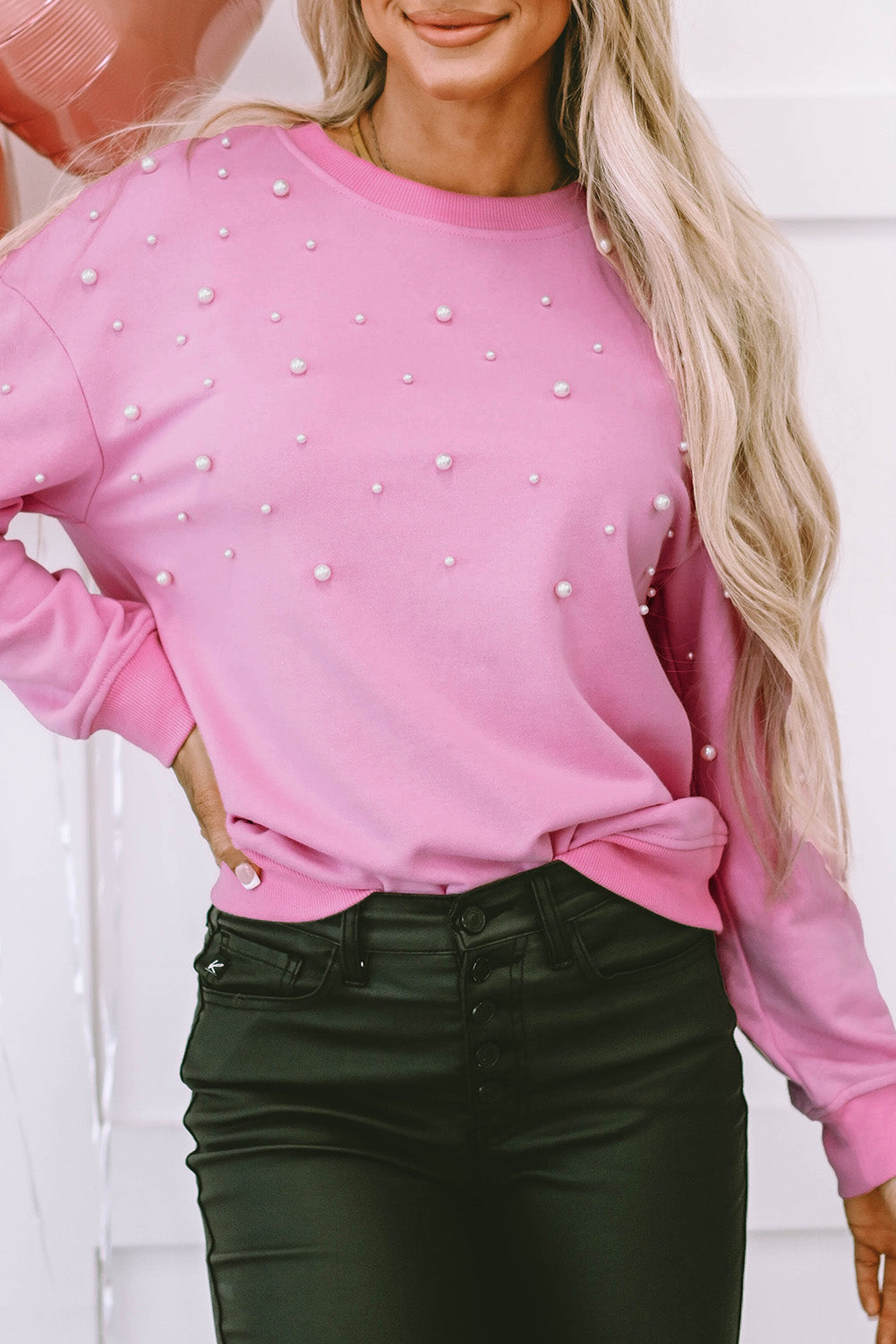 Bonbon Pearl Detail Ribbed Crew Neck Sweatshirt - Scarlett's Riverside Boutique 