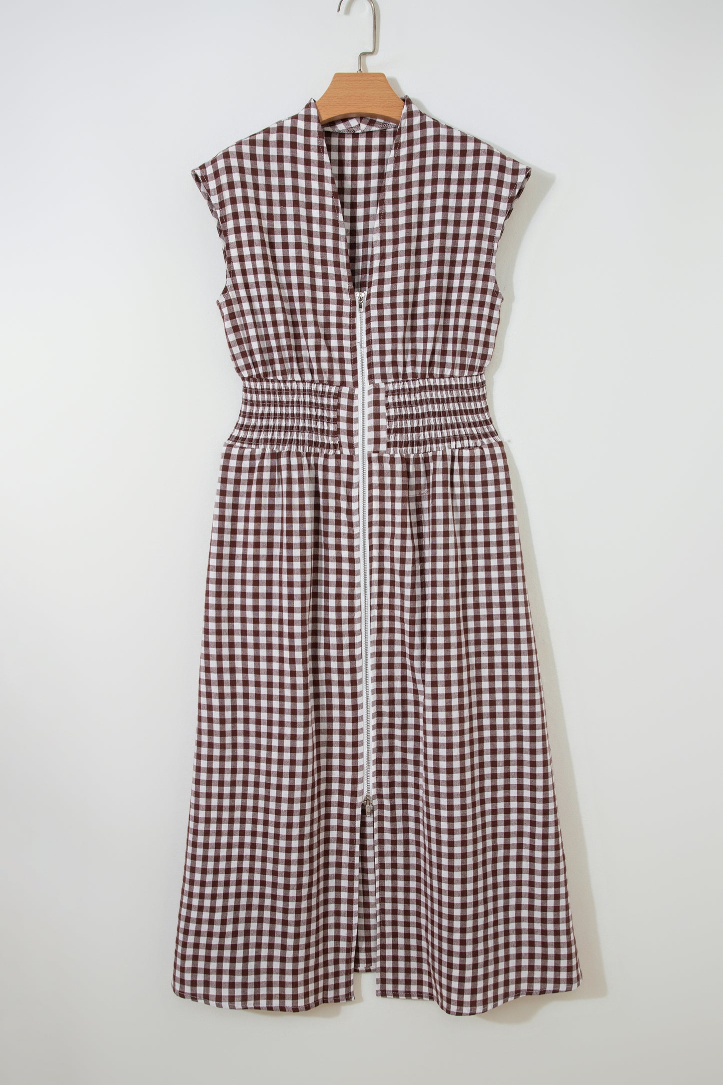 Brown Gingham Zip Front Midi Dress – Smocked Waist Sleeveless Plaid Summer Dress with Pockets