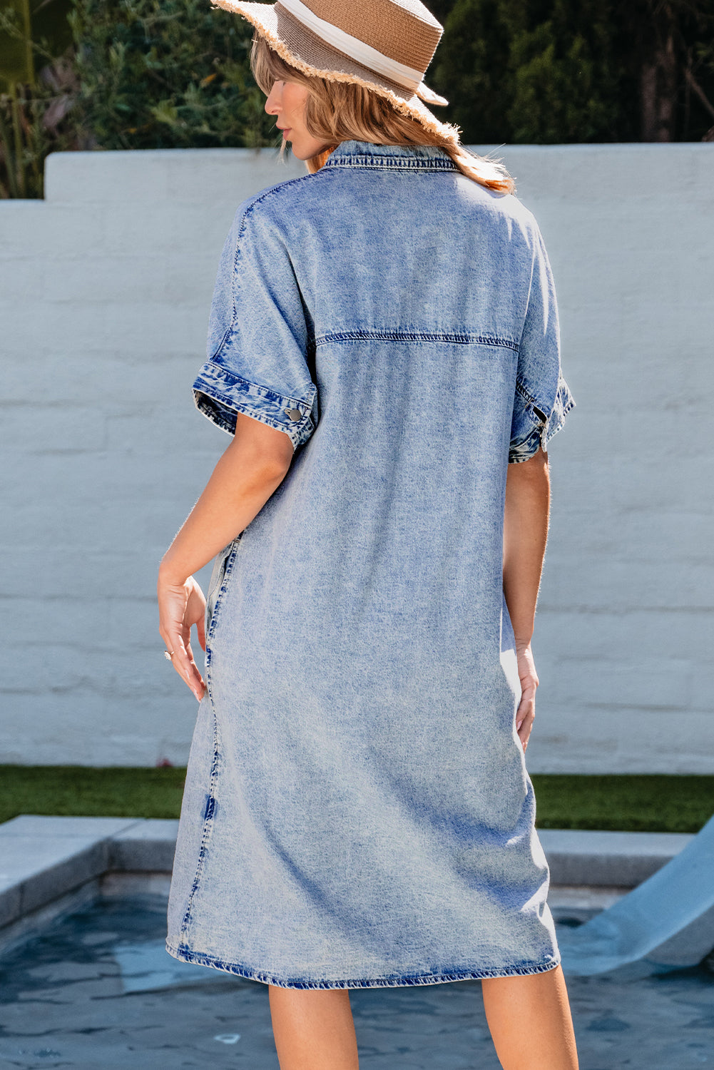 Light Blue Loose Medium Wash Short Sleeve Shirt Chambray Dress - Scarlett's Riverside Boutique 