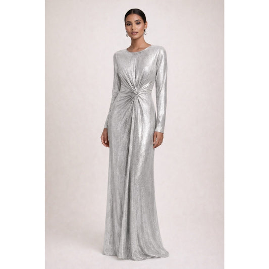 Eliza J Gold Metallic Twist Front Maxi Dress Womens Size 8 Long Sleeve Formal