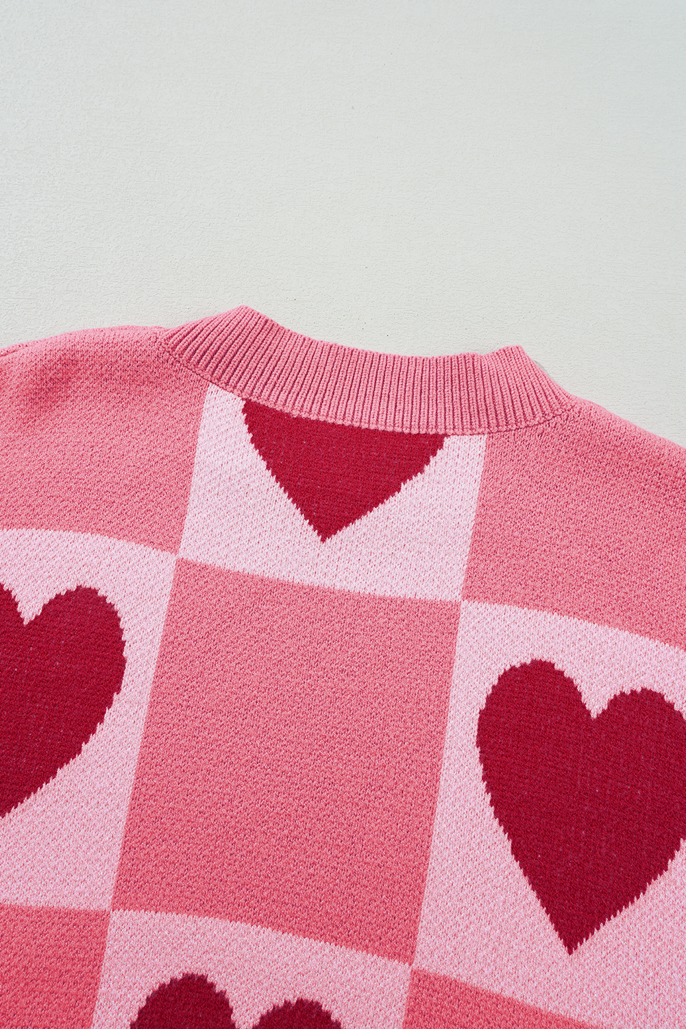 Pink Plus Size Love Heart Block Mock Neck Lantern Sleeve Valentine's Sweater