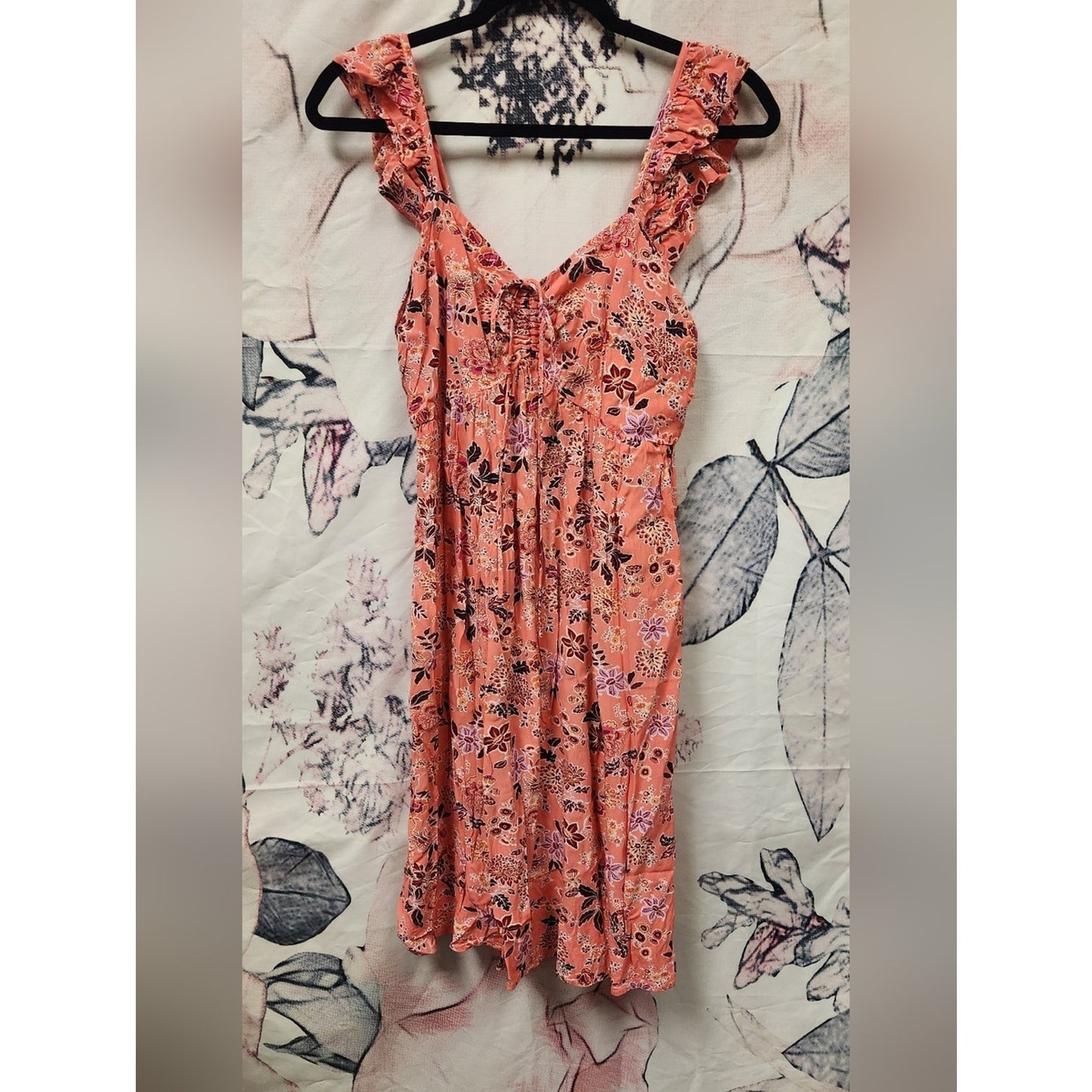 Coral Floral Dress Size 8 Ruffle Sleeve Tie Front Babydoll Mini Sundress