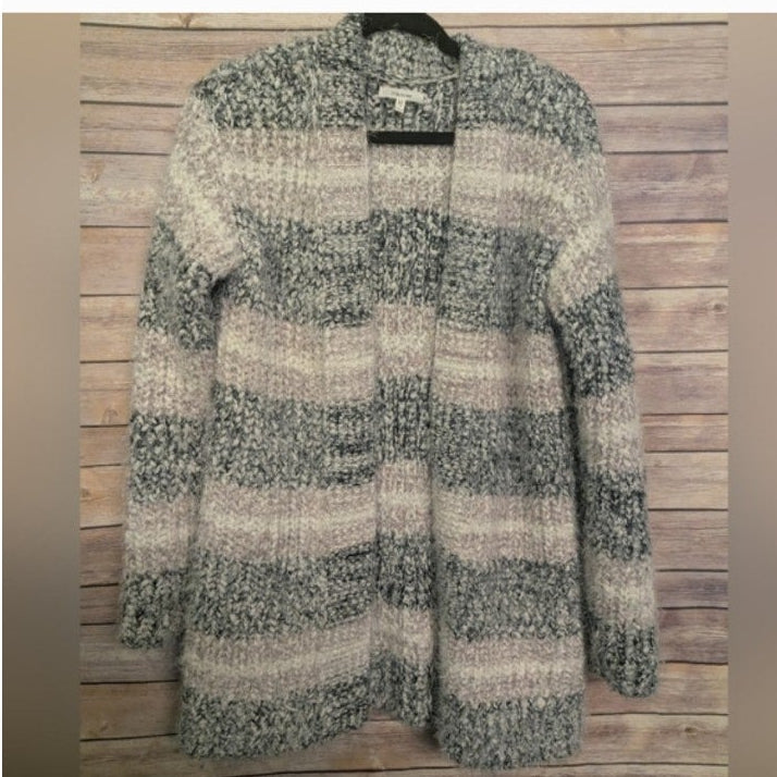 Maurices Size M, Chunky Knit Open Front Cardigan – Gray & Cream Striped Cozy.C34