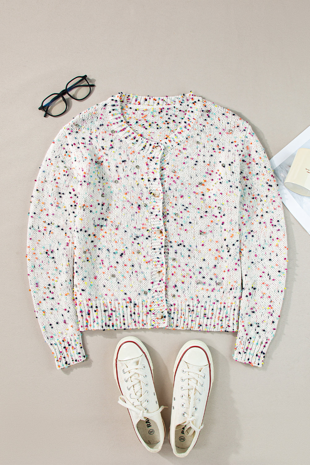 White Multicolor Confetti Sweater Cardigan - Scarlett's Riverside Boutique 